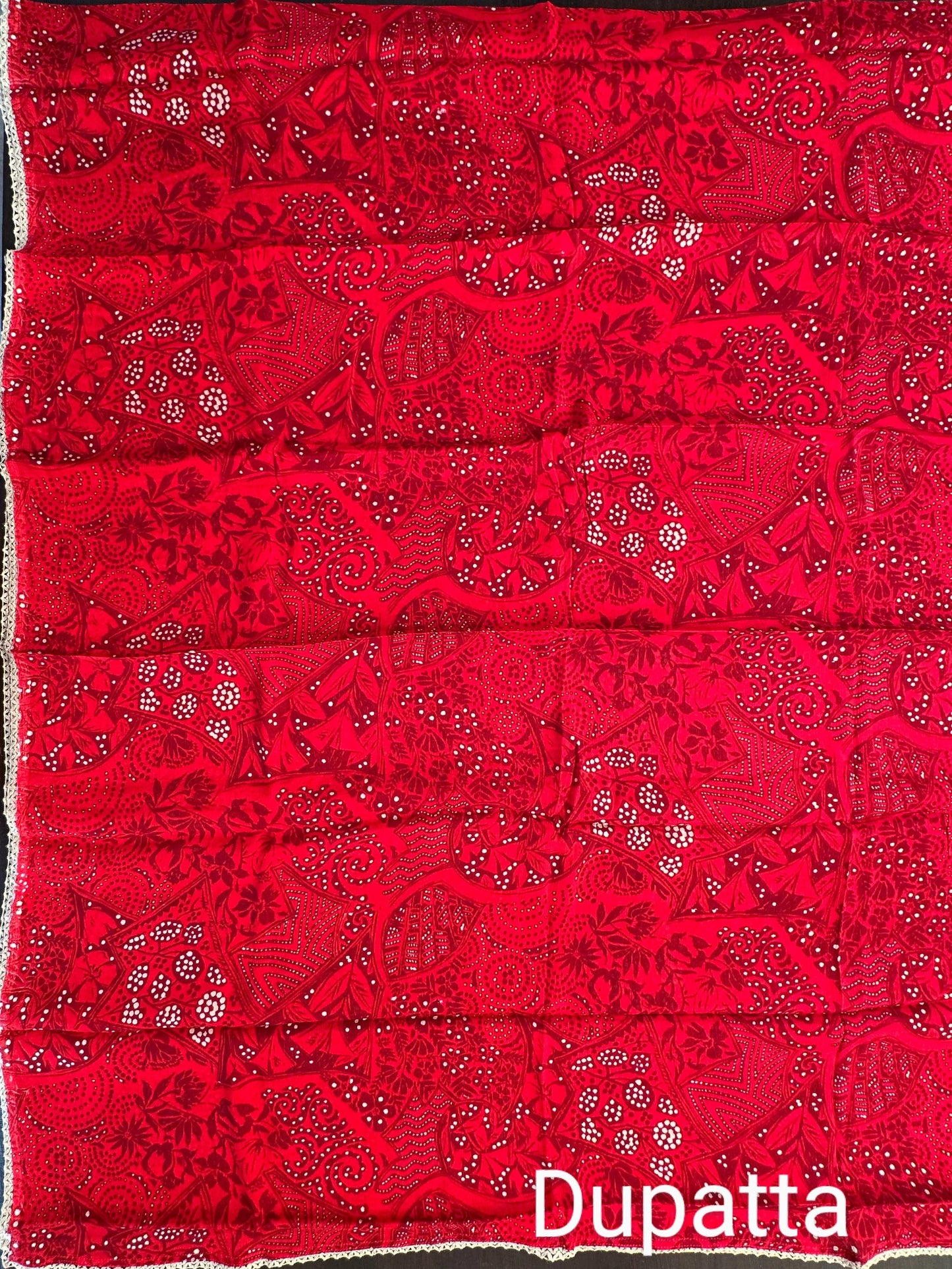 Beige-Red Block Printed Fancy Cotton Suit