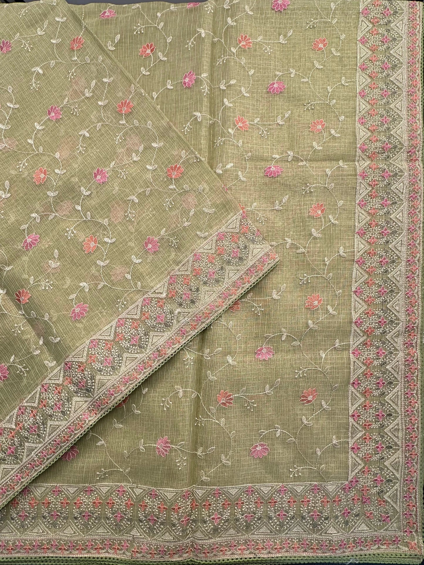 Parrot Green Fancy Tissue Saree