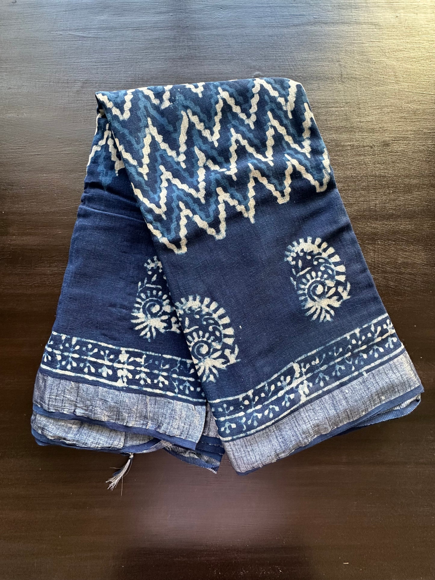 Indigo Hand Block Print Linen Saree