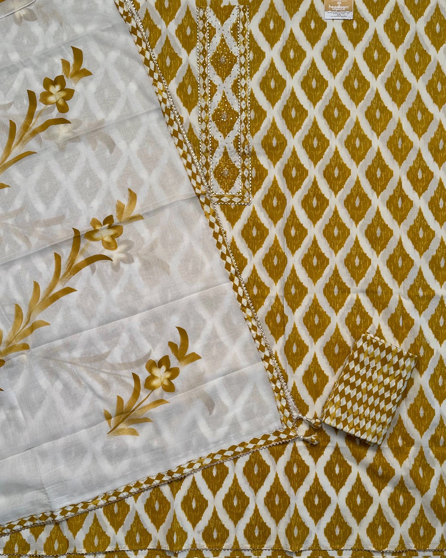 Off White- Mustard Printed Cotton 3-Piece Suit With Hand Painted Dupatta