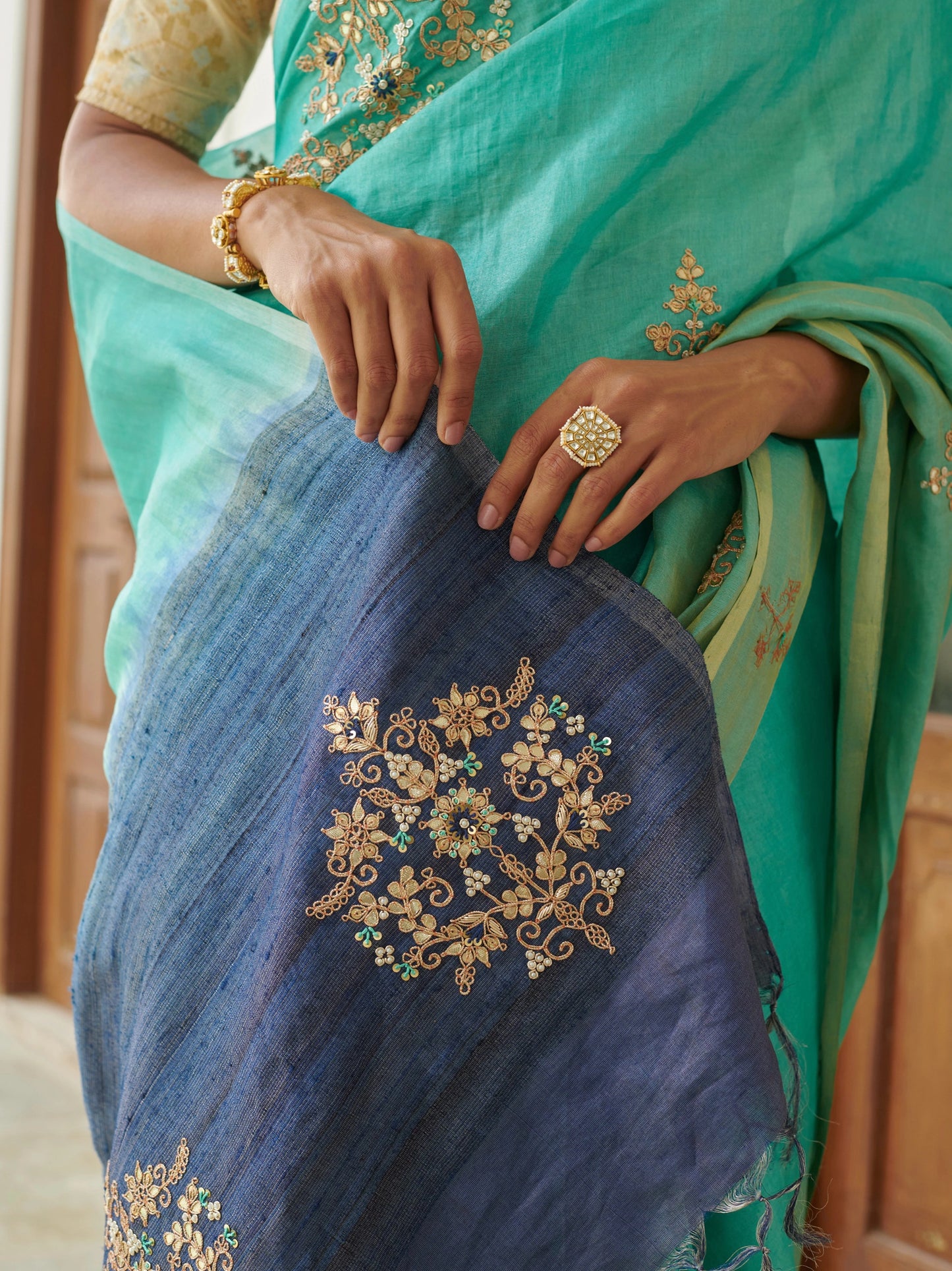 Firozi Tussar Saree With Zari Work