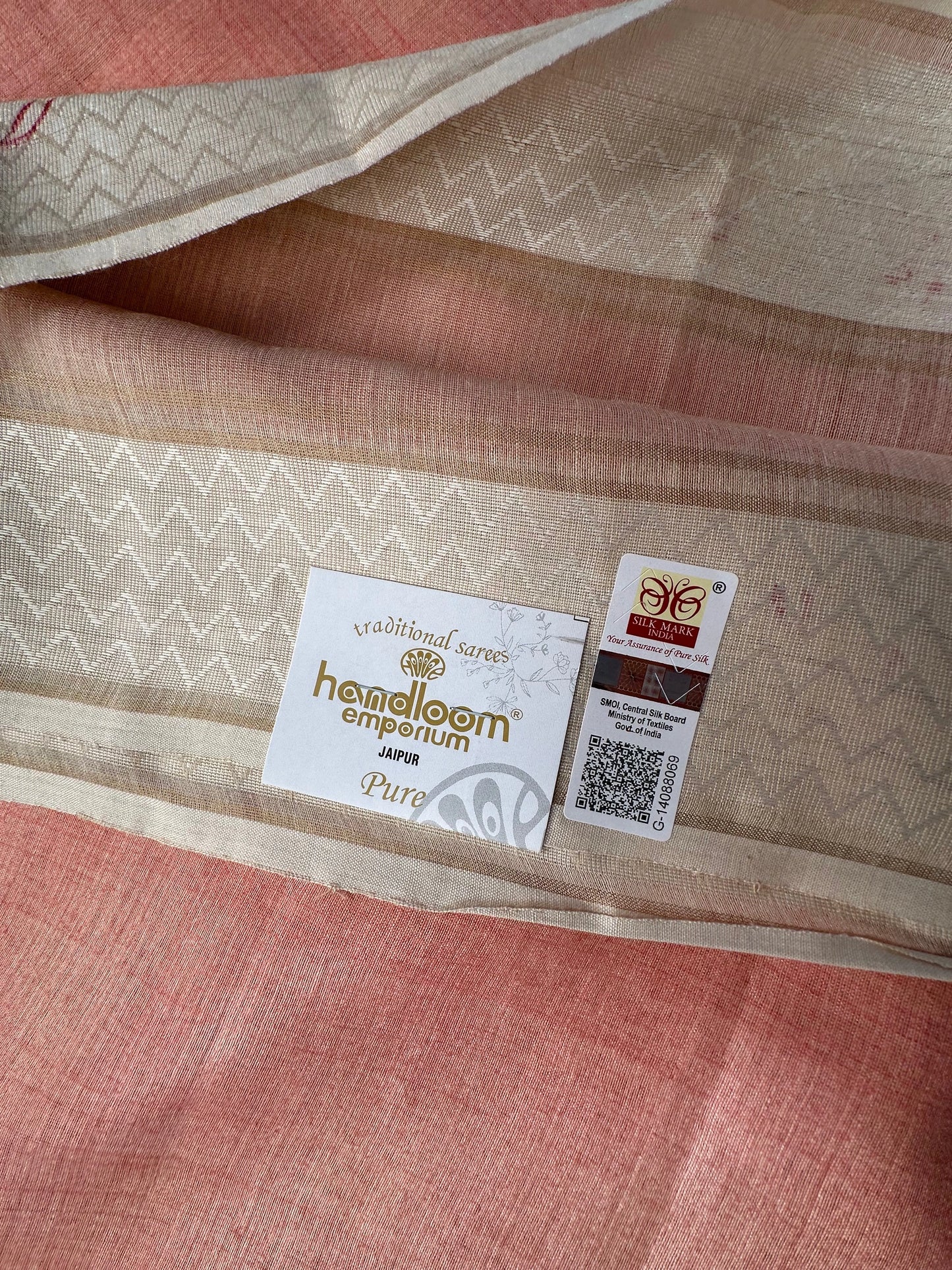 Peach Hand Print Muga Silk Saree