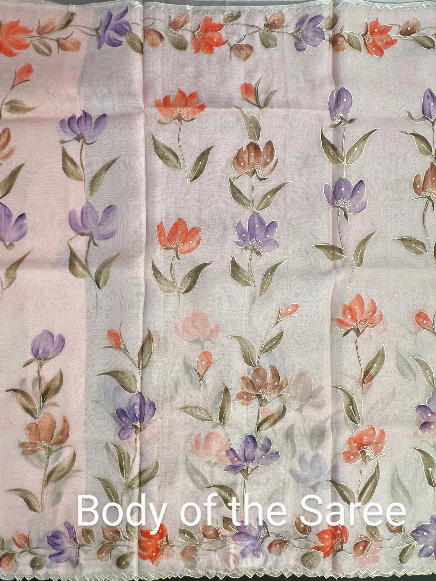 Baby Pink Floral Print Organza Saree