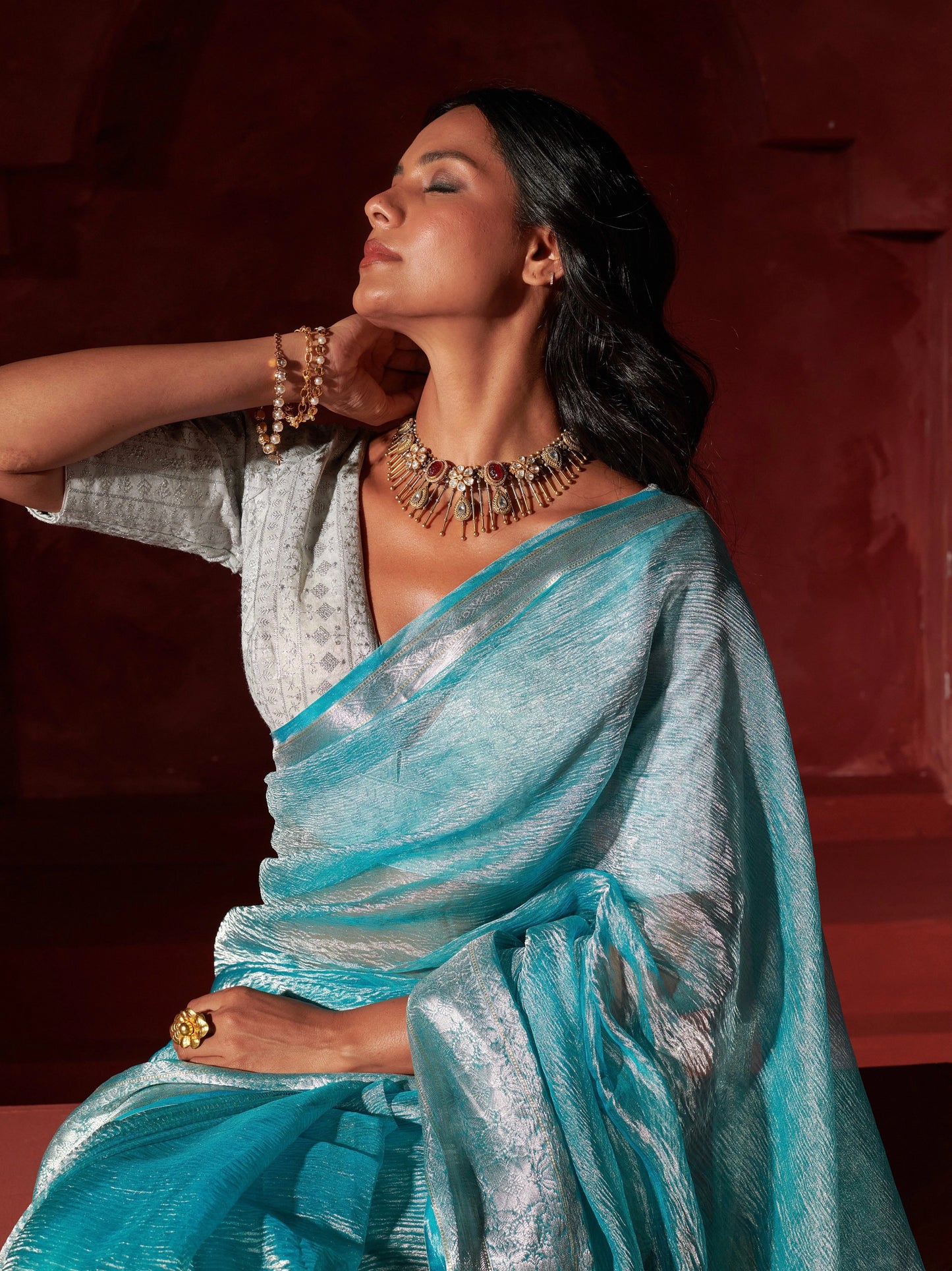 Firozi Pure Crush Tissue Saree