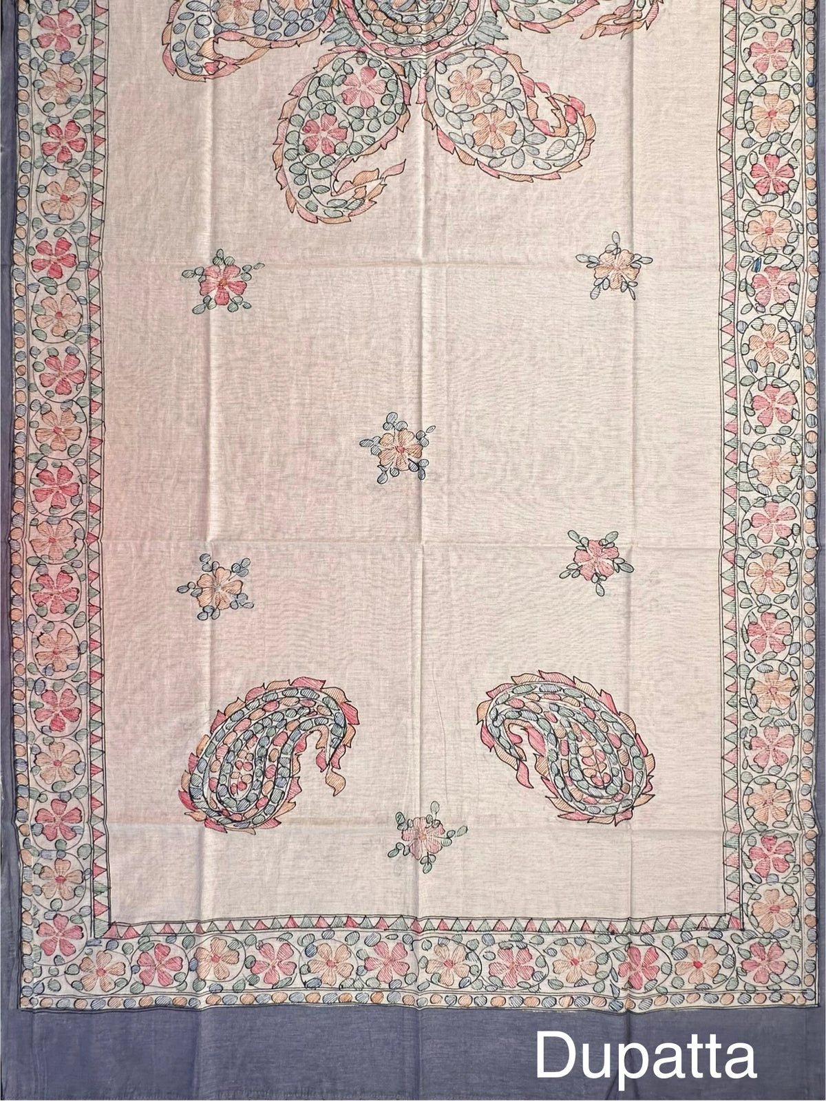 Grey Chanderi 3-Piece Unstitched Suit with Madhubani Dupatta