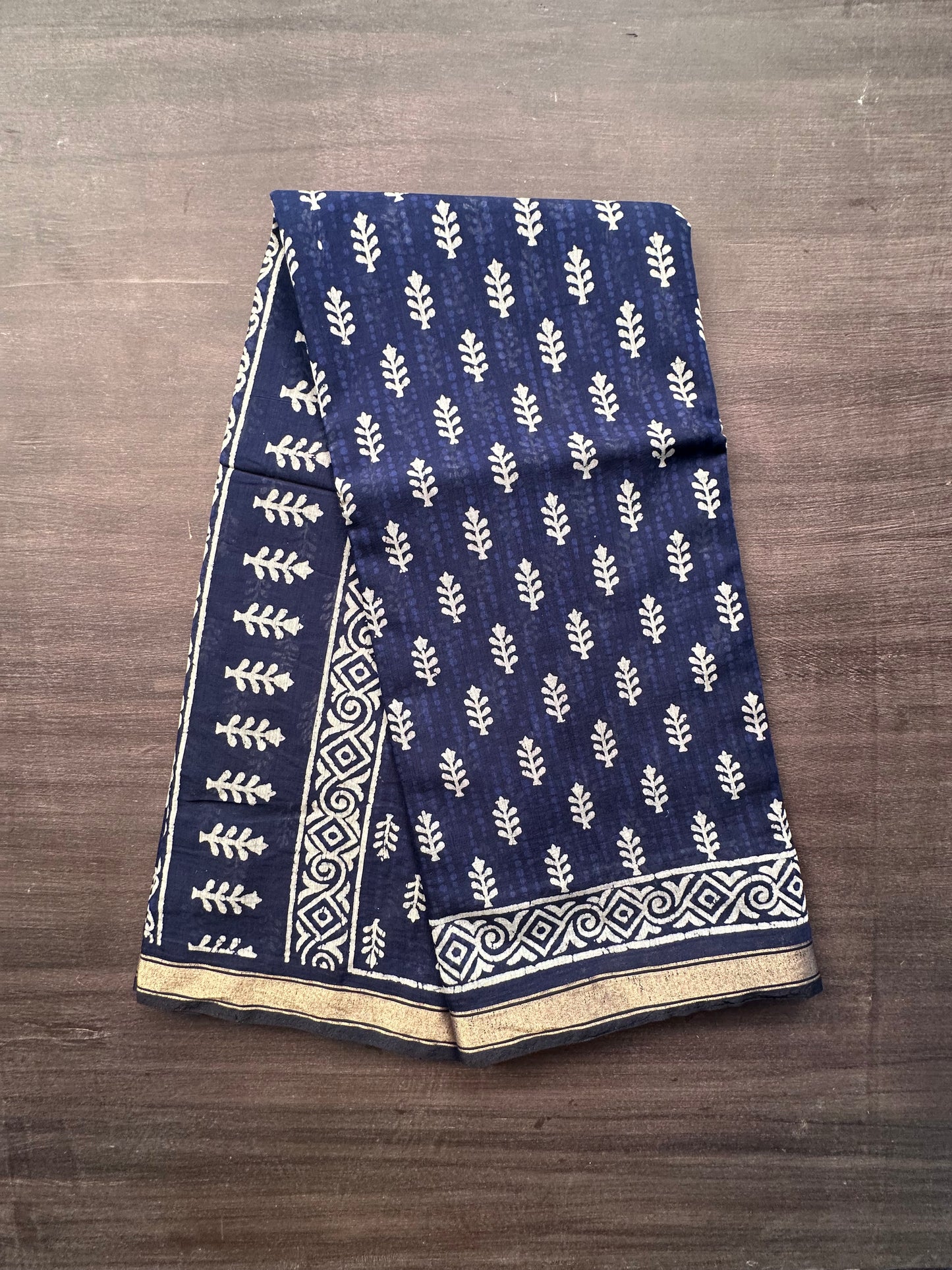 Indigo Blue Printed Cotton Blend Saree