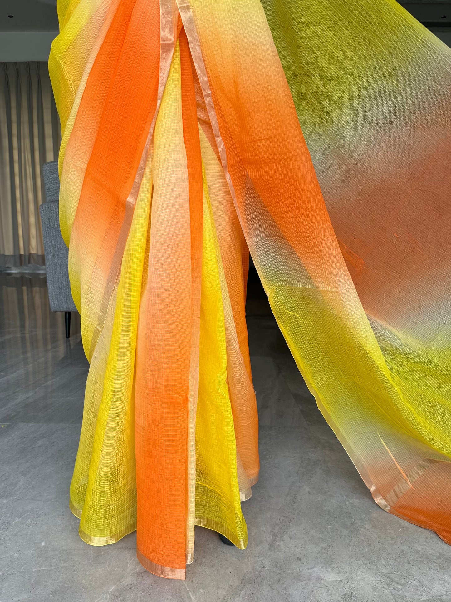Peach-Yellow Shaded Kota Doria Cotton Saree
