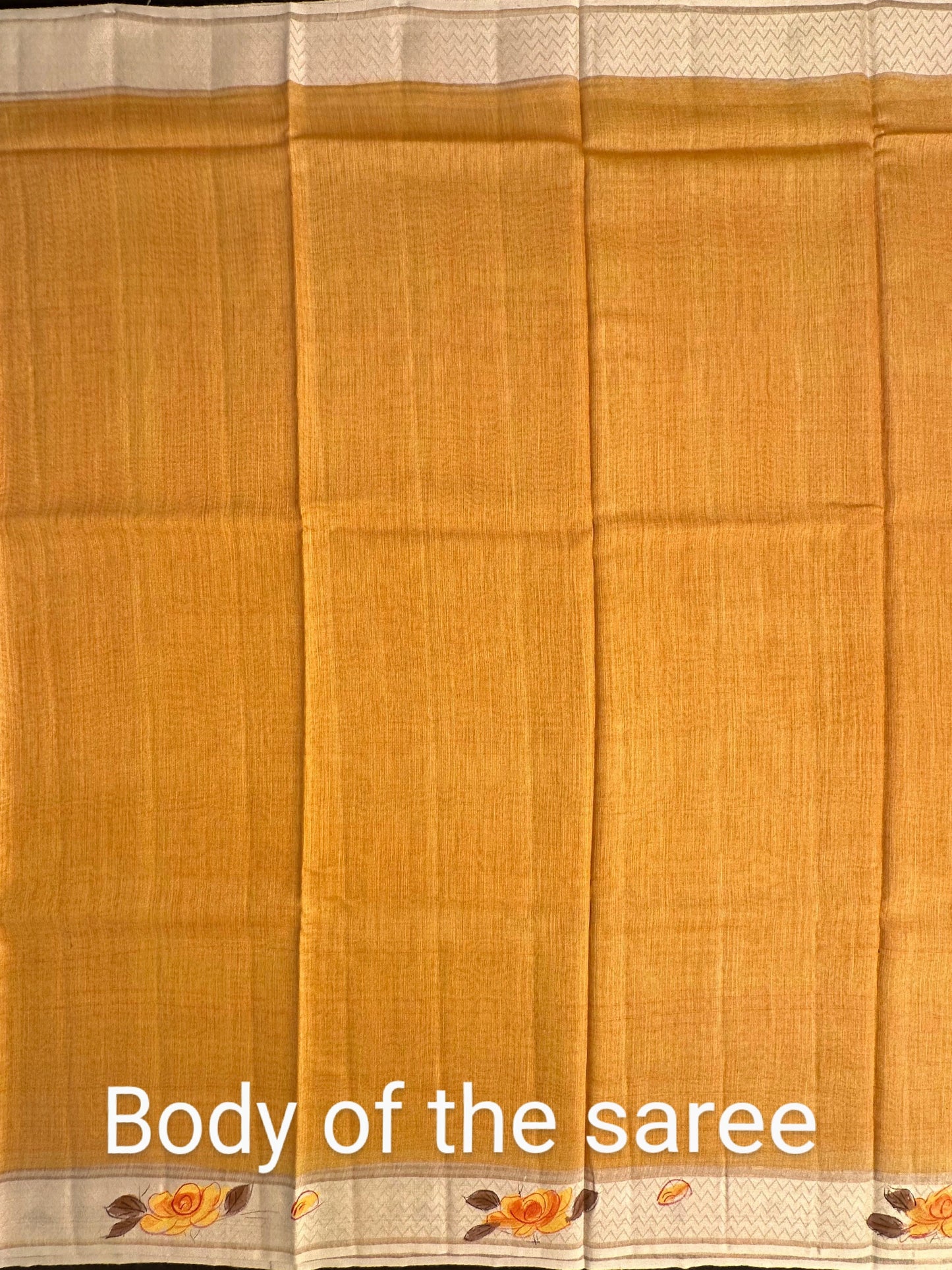 Mustard Hand Print Muga Silk Saree
