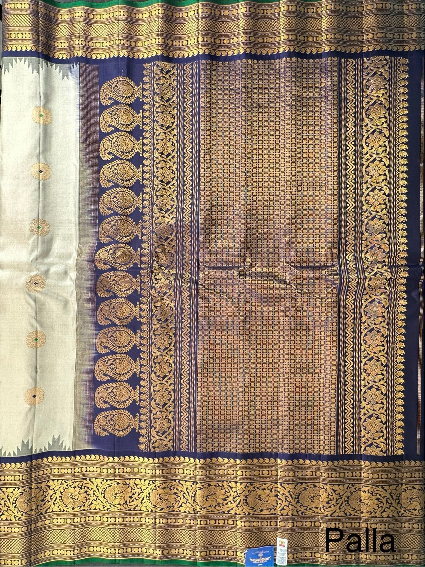 Cream-Navy Blue Gadwal Pure Silk Saree