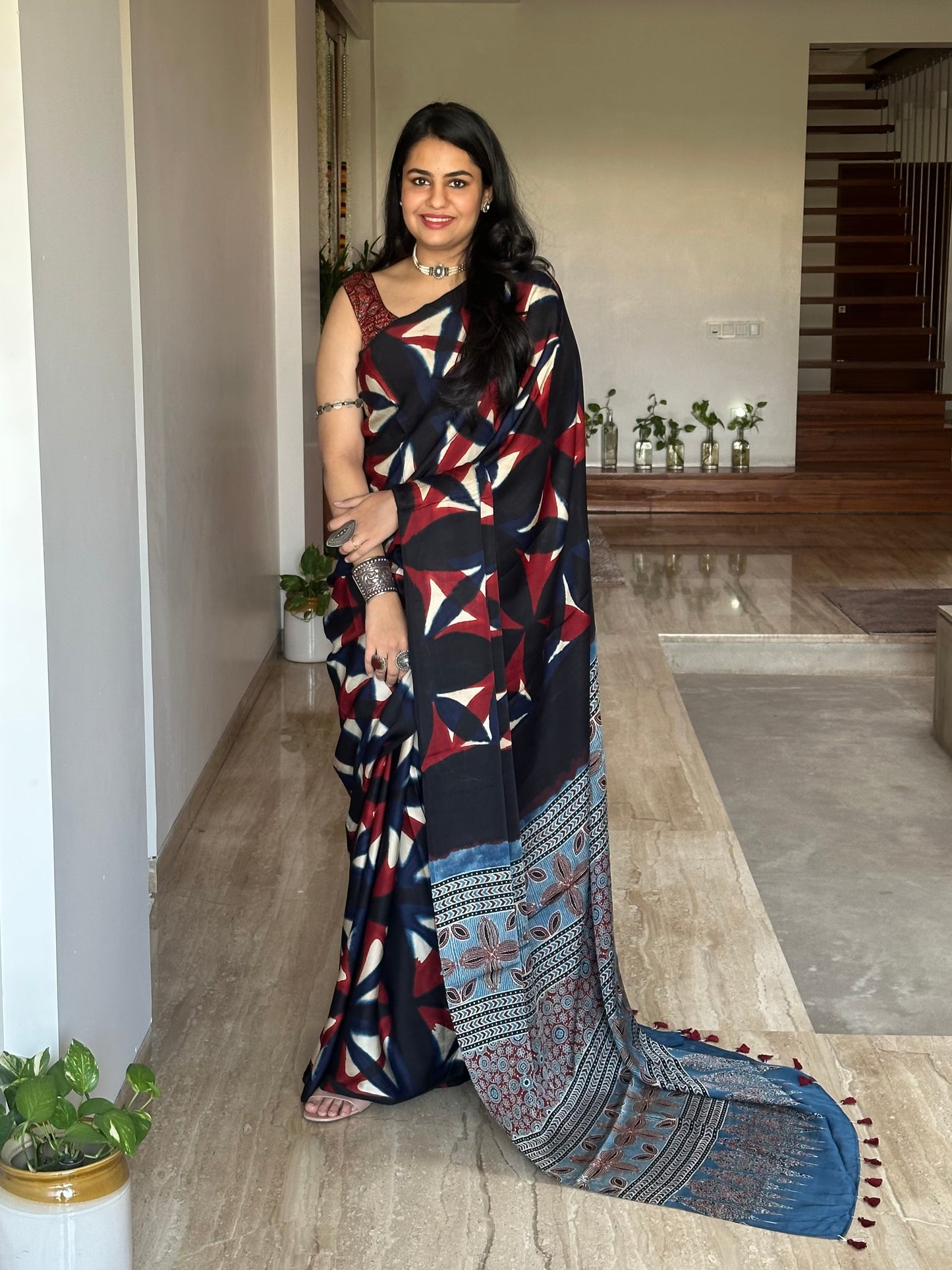 Black Indigo-Blue Ajrakh Blended Modal Saree