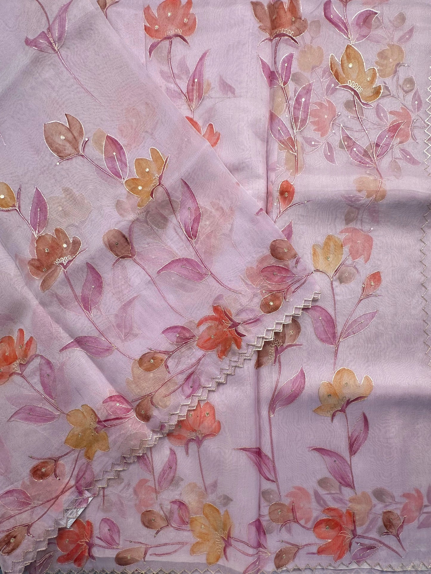 Mauve Floral Print Organza Saree