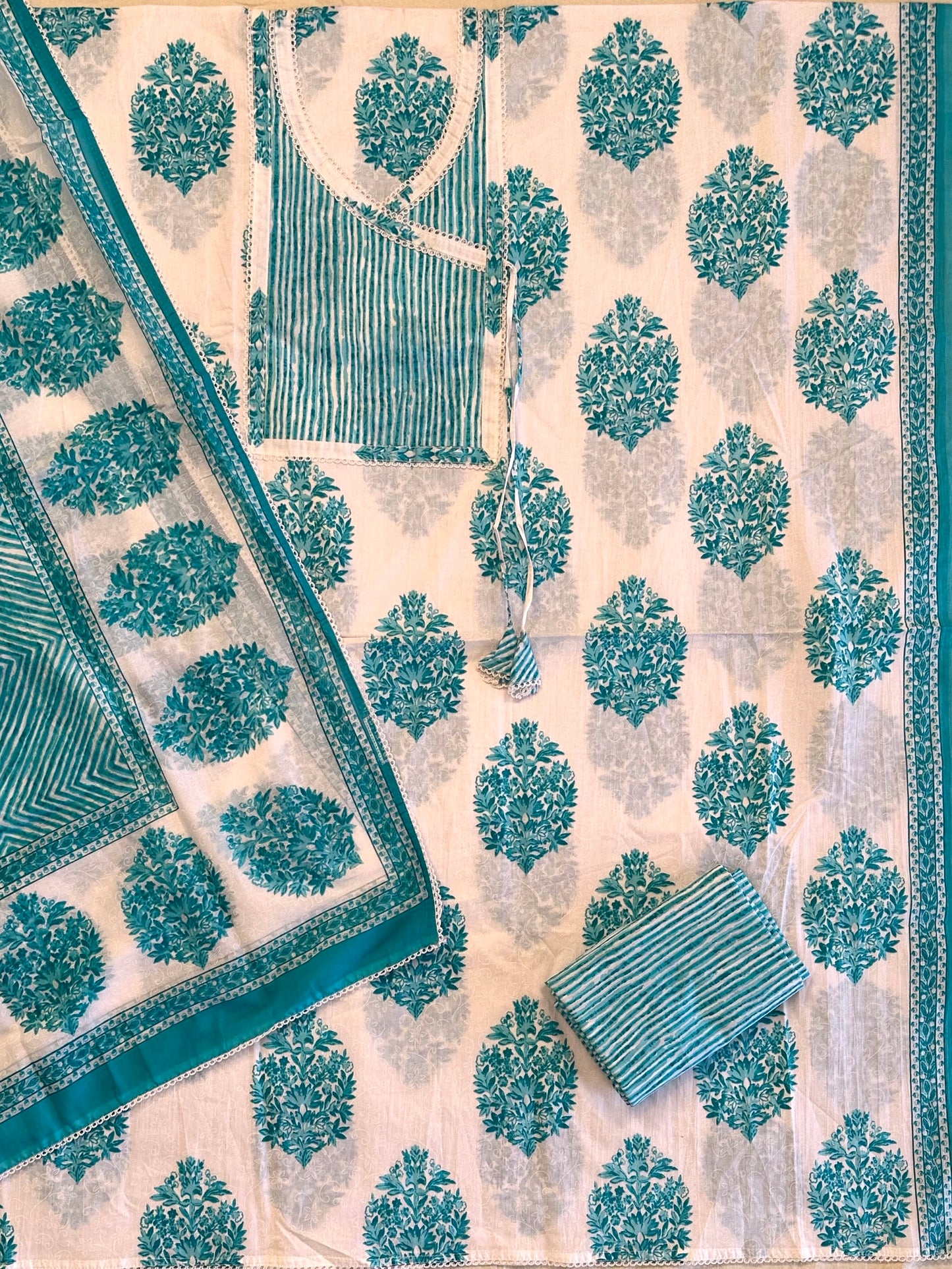 Off White-Firozi Angrakha Printed Cotton 3-Piece Suit