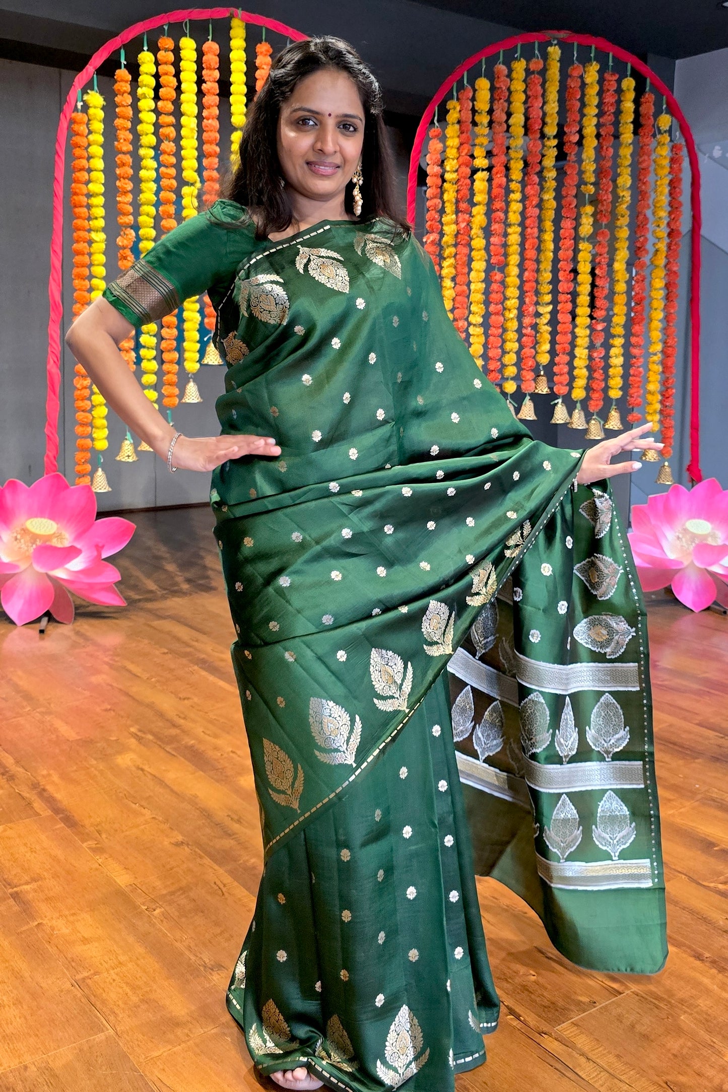 Bottle Green Dupion Rewa Silk Saree