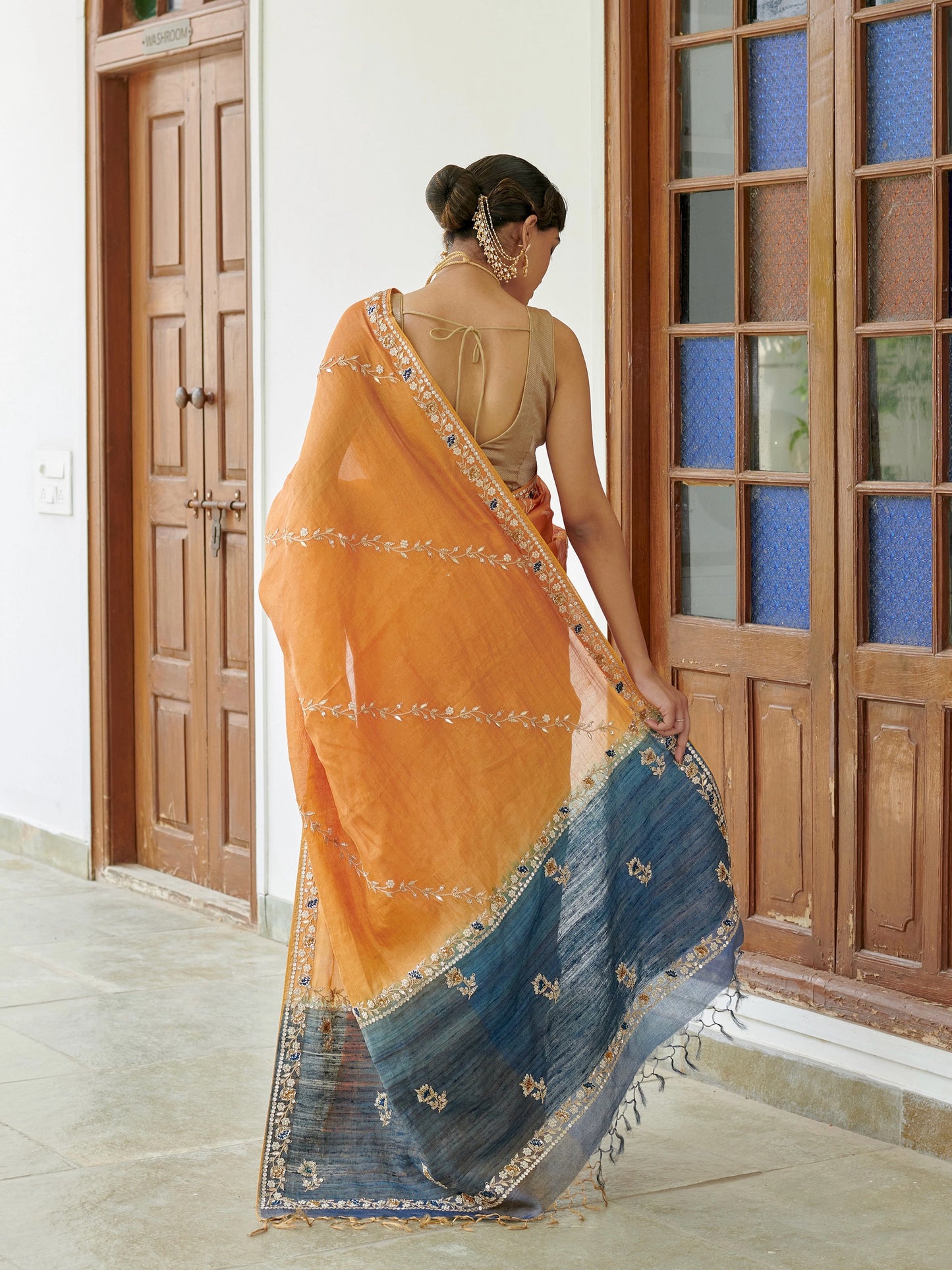 Mustard Tissue Saree With Zari Work Jaal