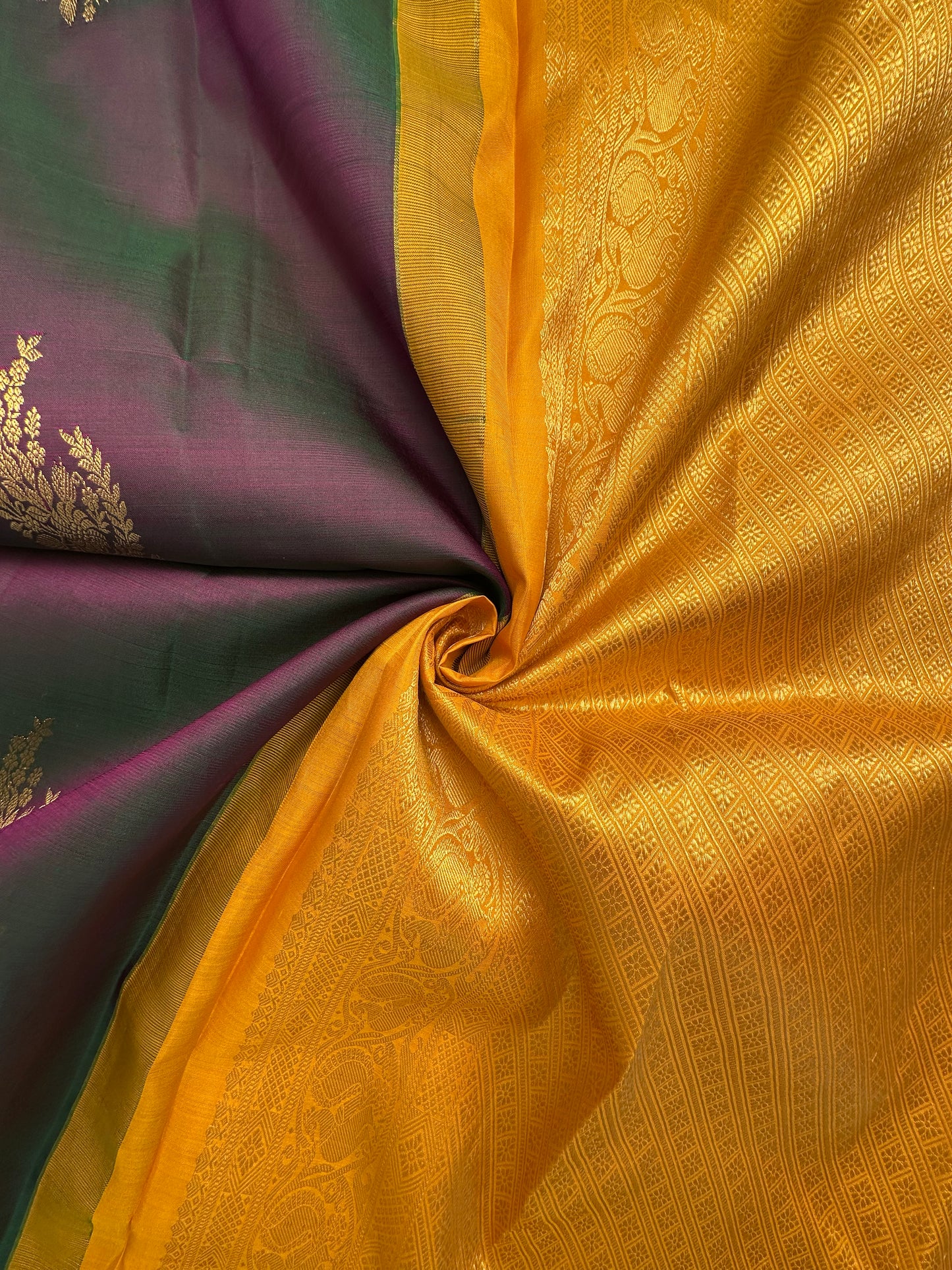 Peacock Blue-Mustard Handloom Kanjivaram Pure Silk Saree