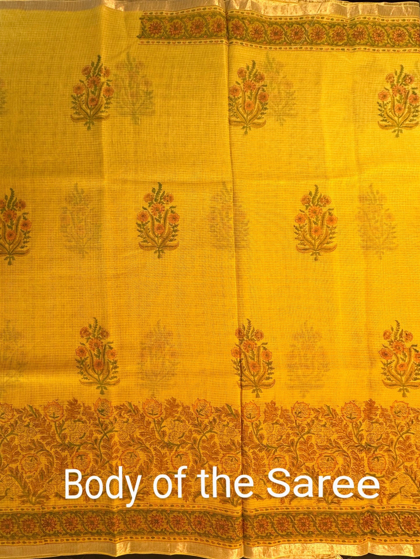 Mustard Block Print Kota Doria Cotton Saree
