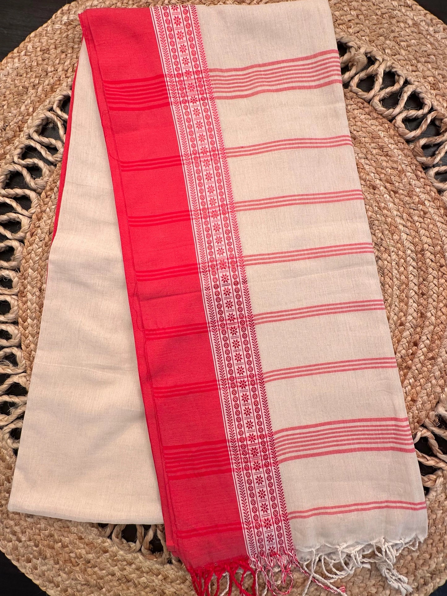 Cream-Red Piku Bengal Cotton Saree