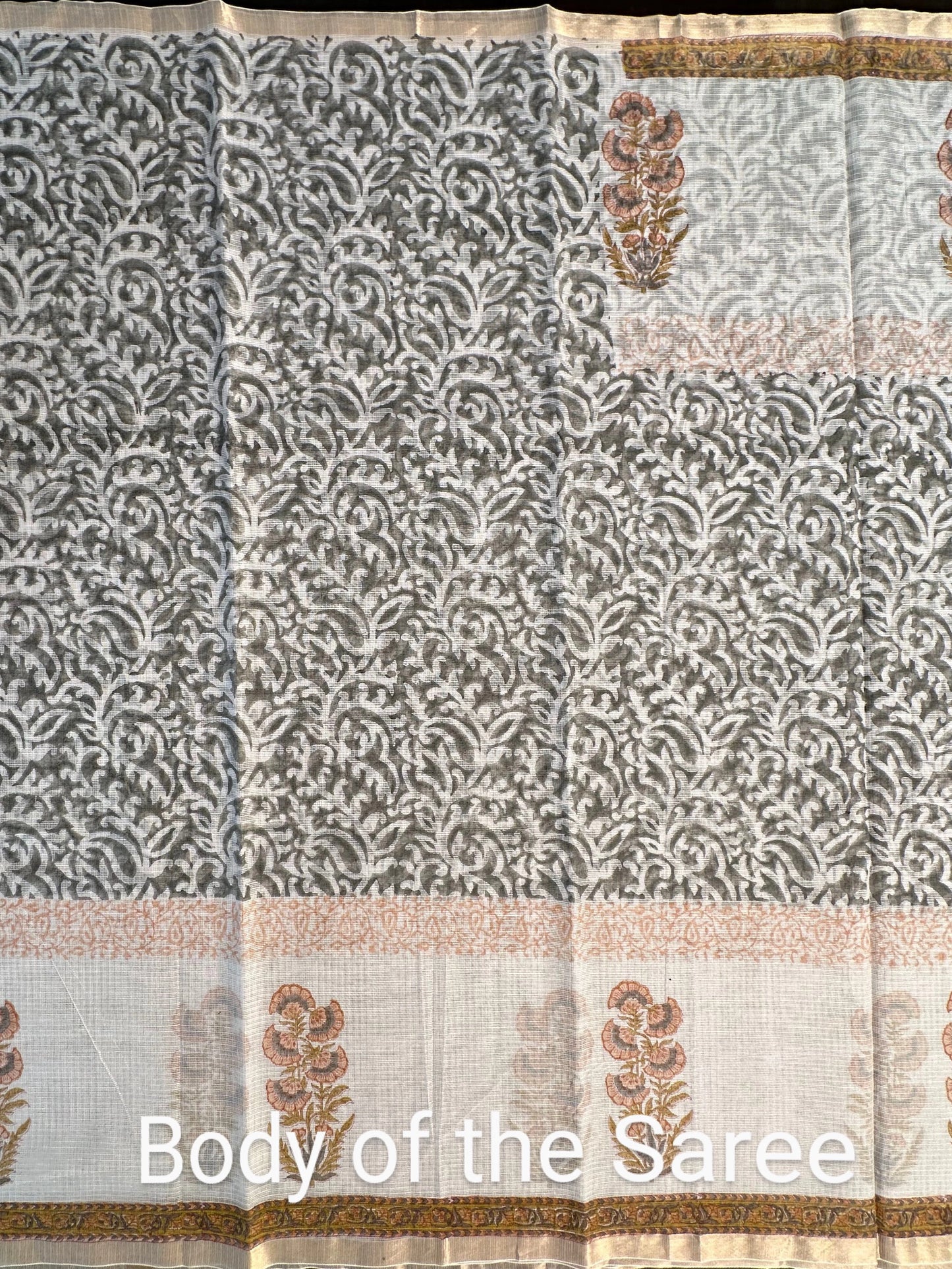 Off White-Dark Grey Block Printed Kota Doria Cotton Saree