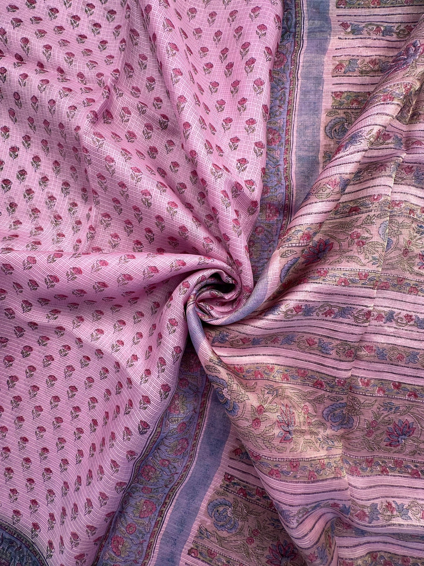 Pink Hand Block-Print Pure Kota Doria Silk Saree
