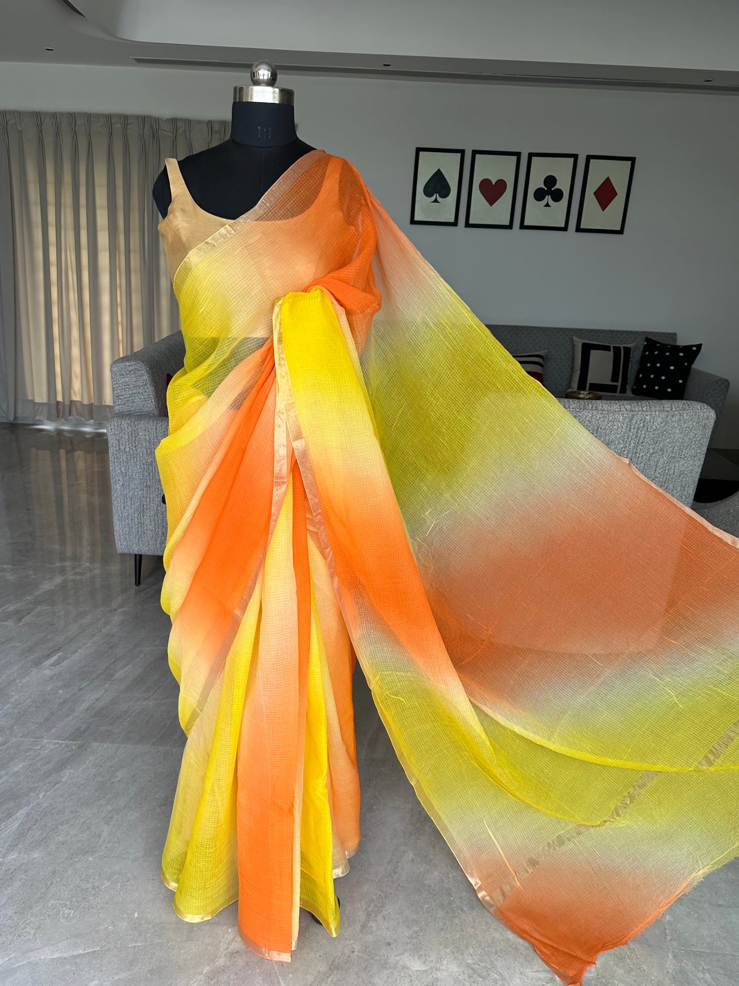 Peach-Yellow Shaded Kota Doria Cotton Saree