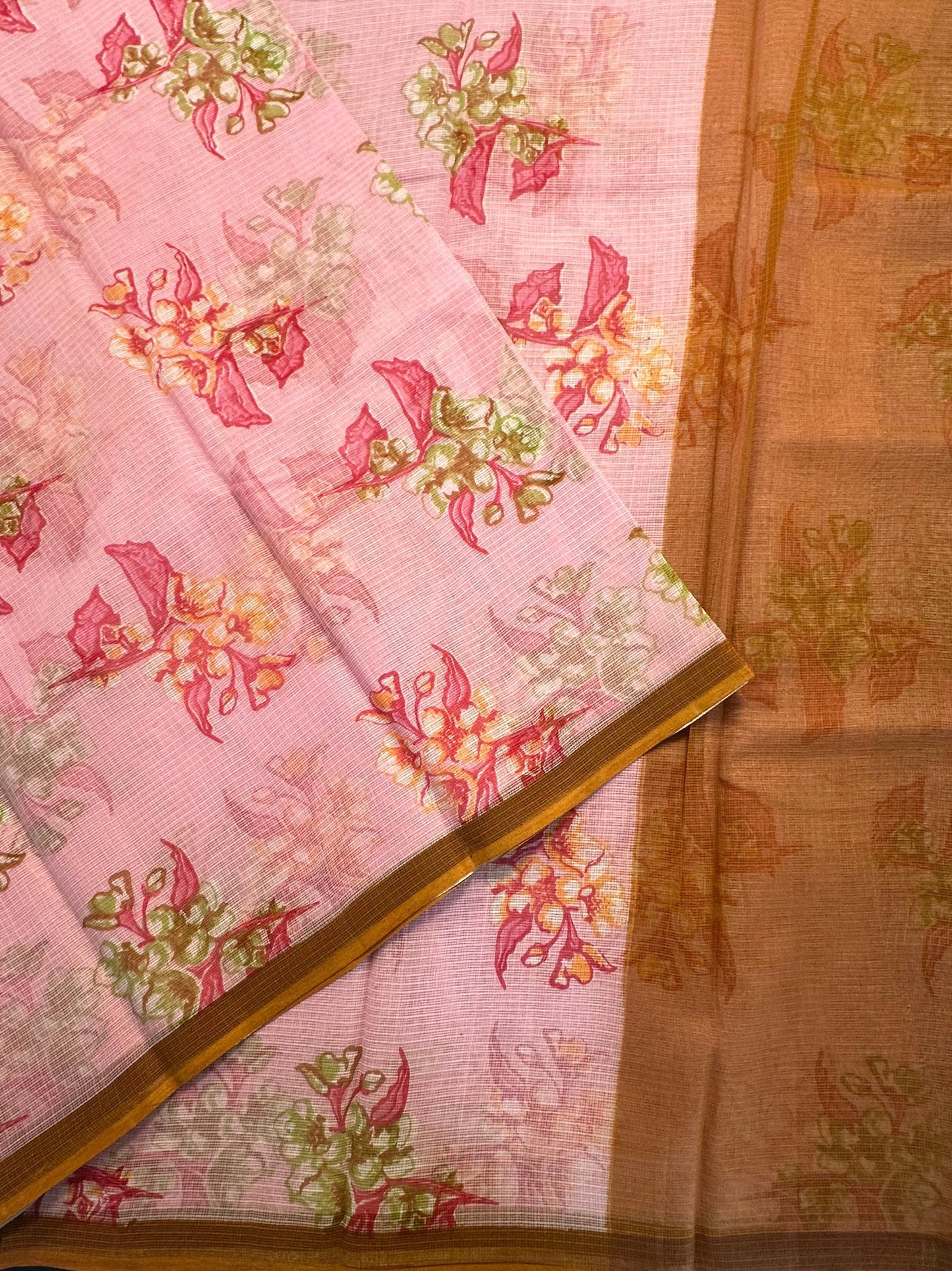 Pink Floral Print Kota Doria Cotton Saree