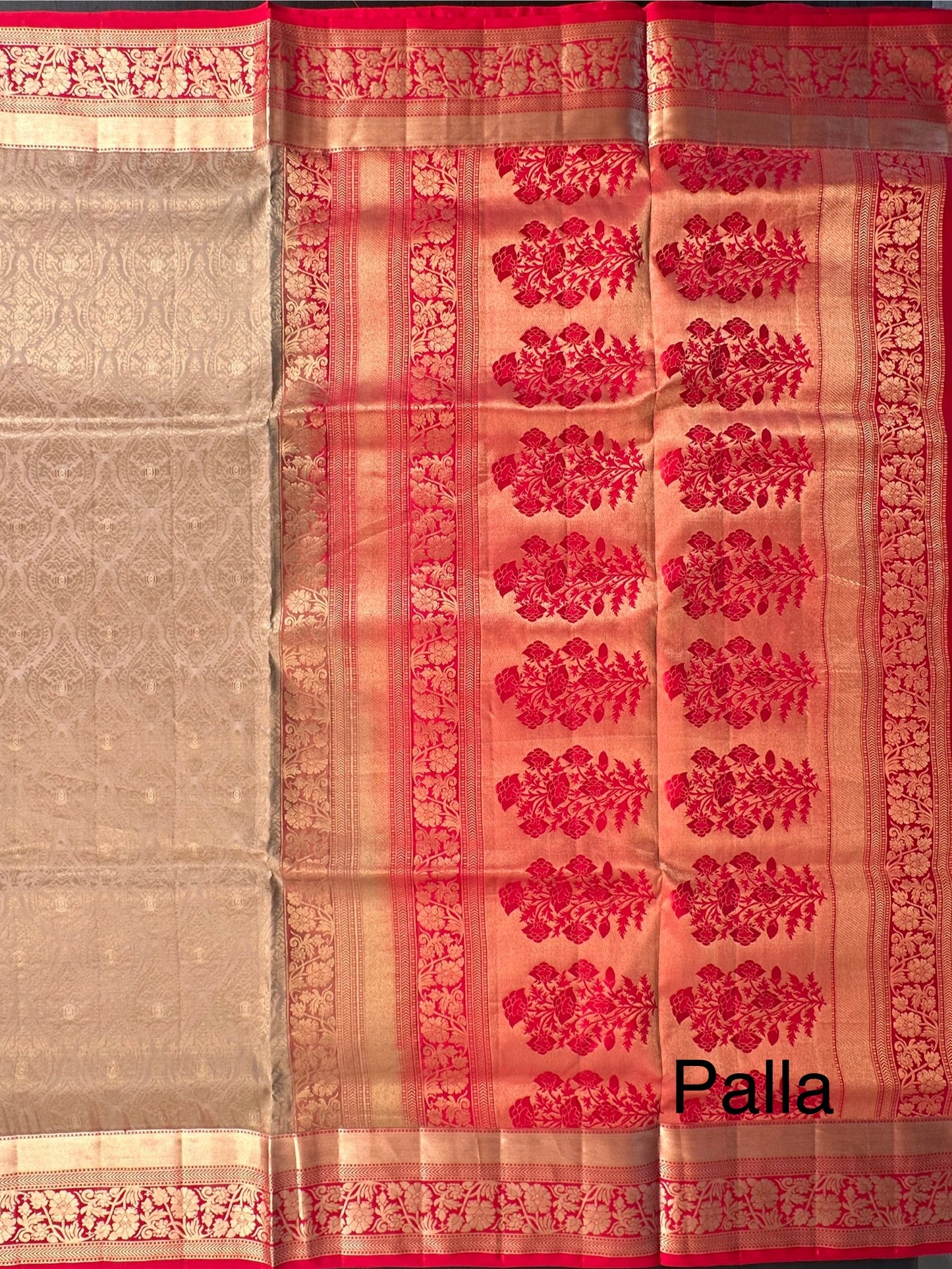 Beige-Red Handloom Kanjivaram Jamawar Pure Silk Saree