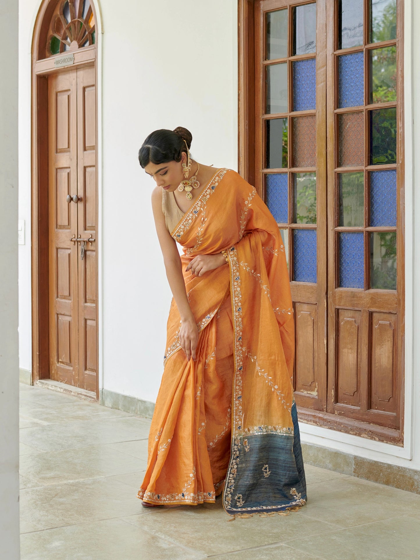 Mustard Tissue Saree With Zari Work Jaal