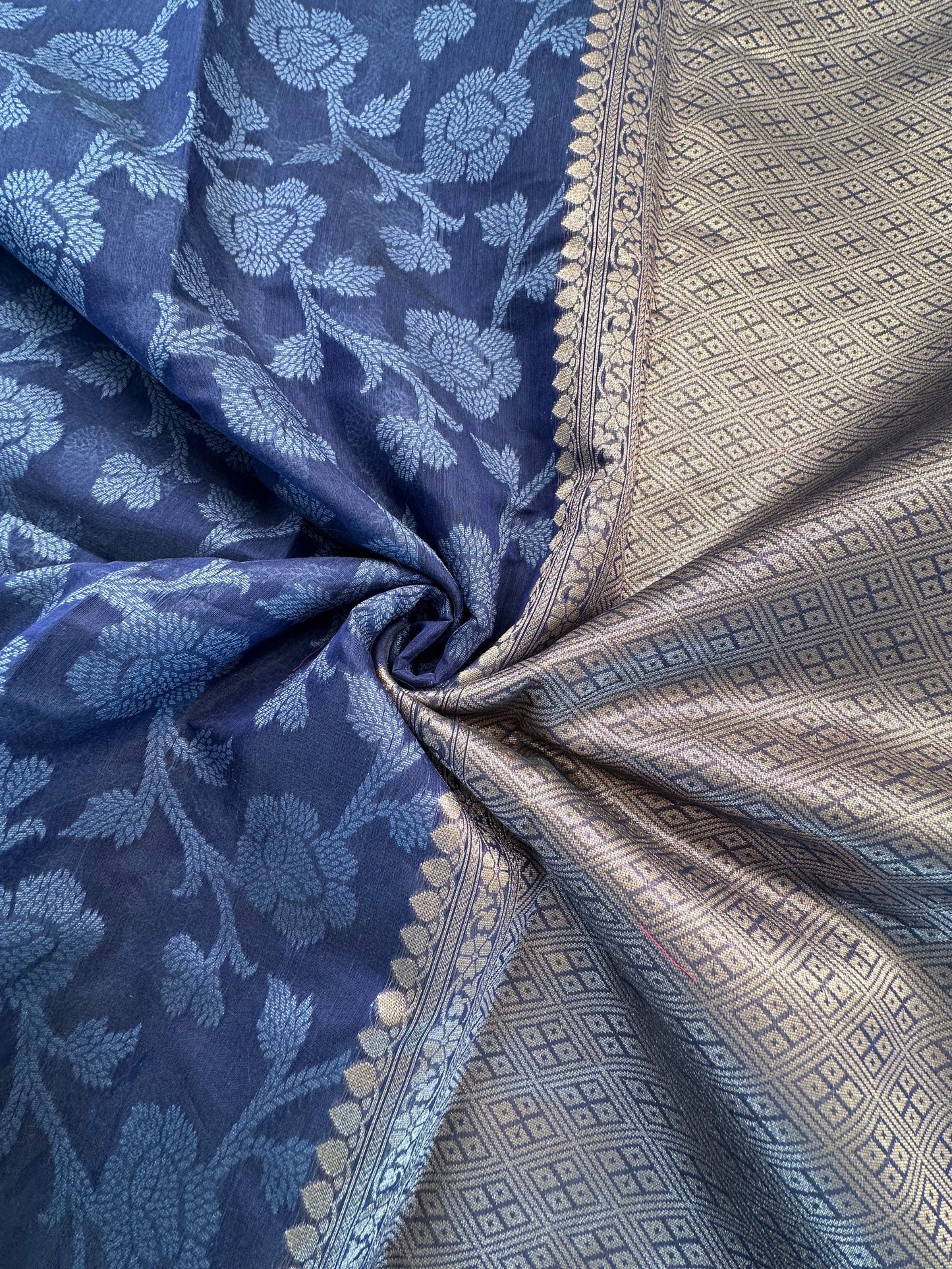 Indigo Floral Emboss Chanderi Saree