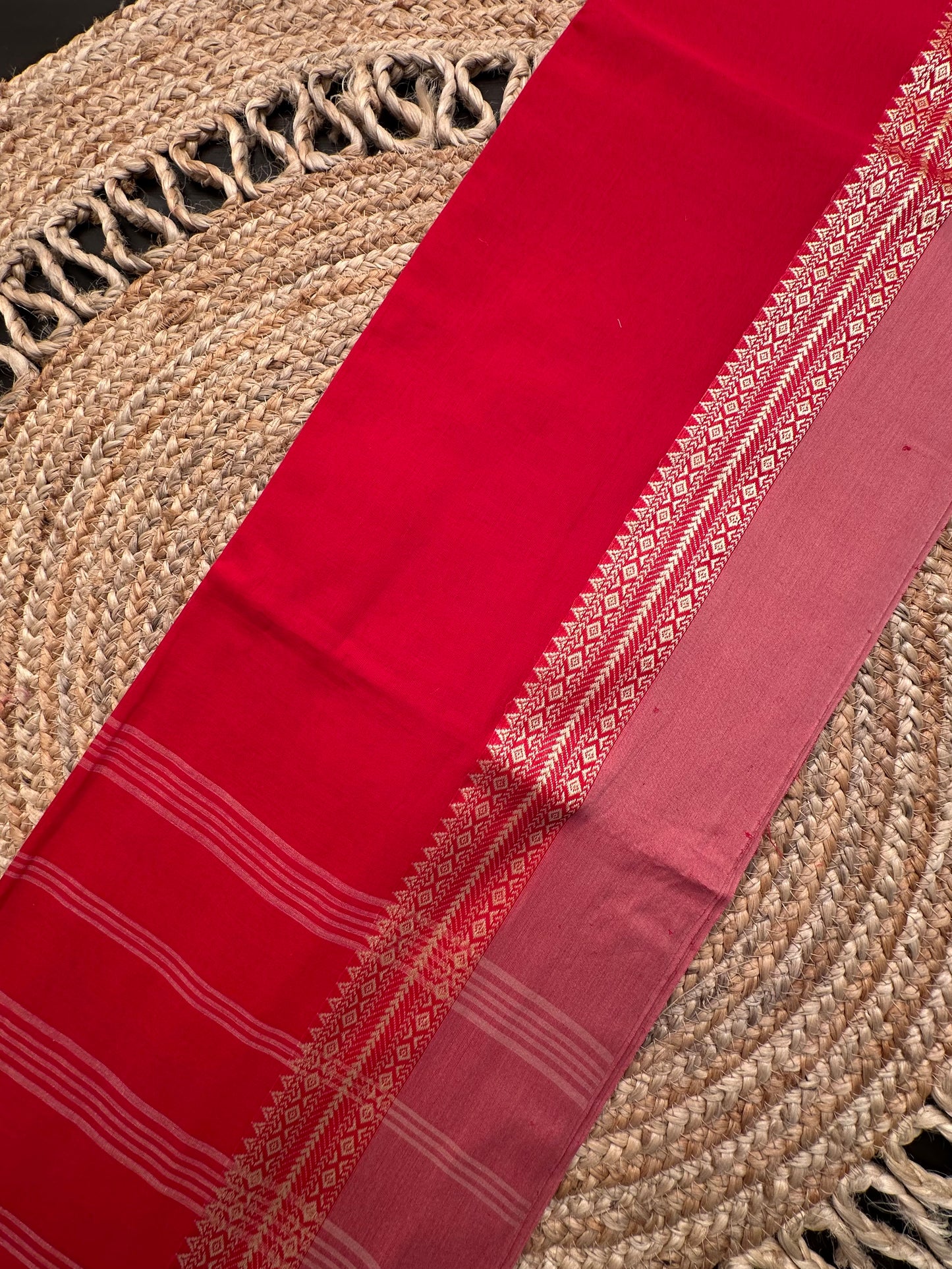 Red-Coral Pink Piku Bengal Cotton Saree