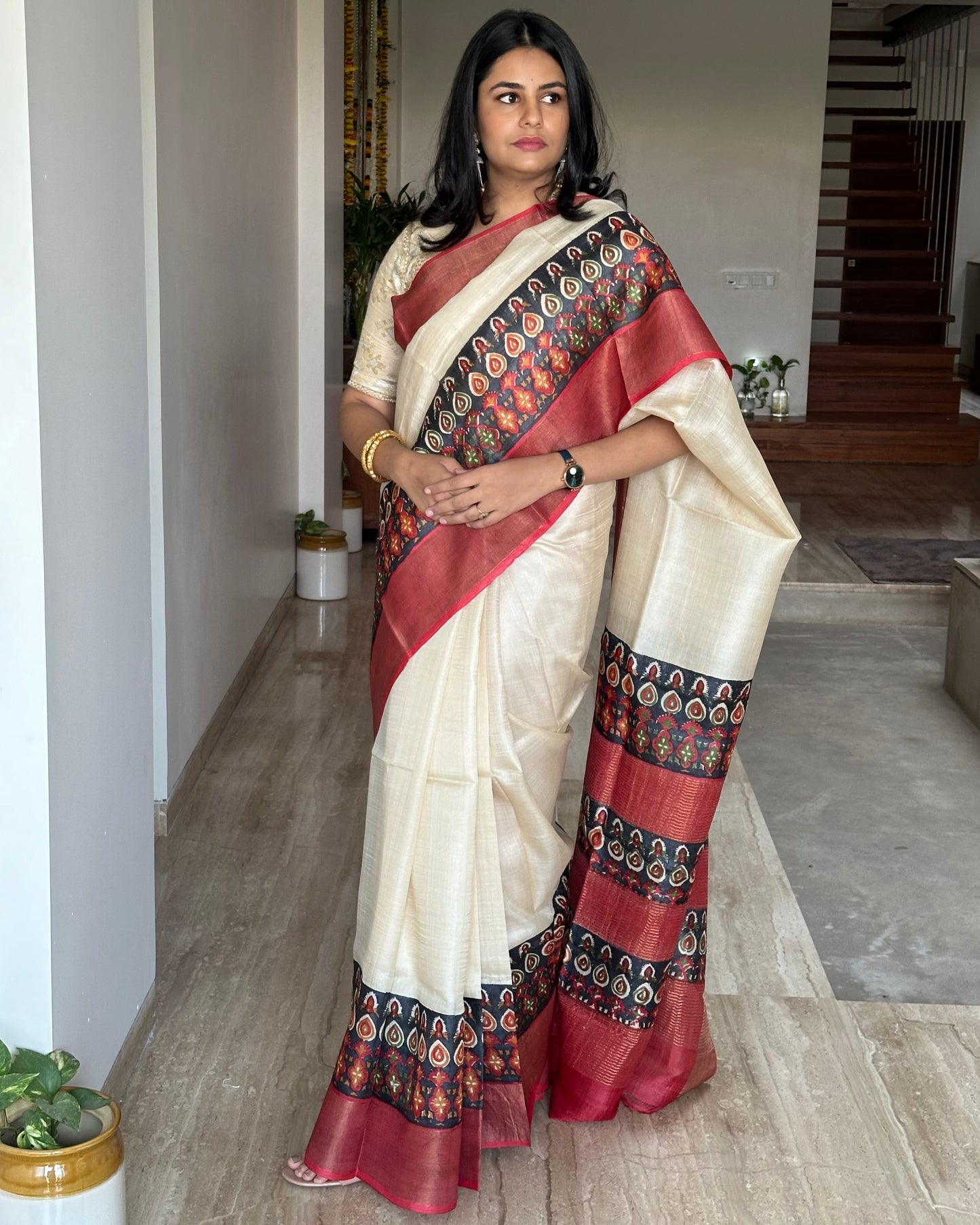 Cream Shantiniketan Print Tussar Silk Saree