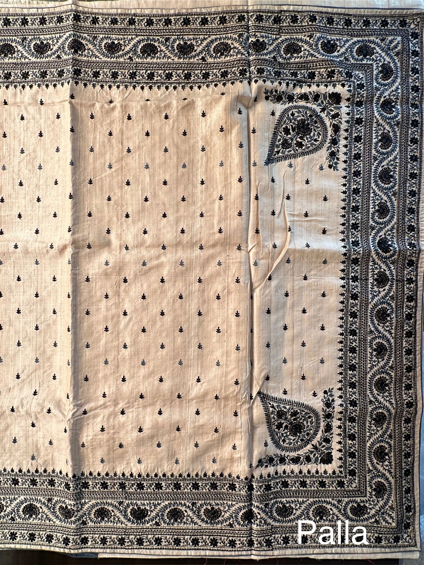 Beige Pure Tussar Silk Saree With Embroidery