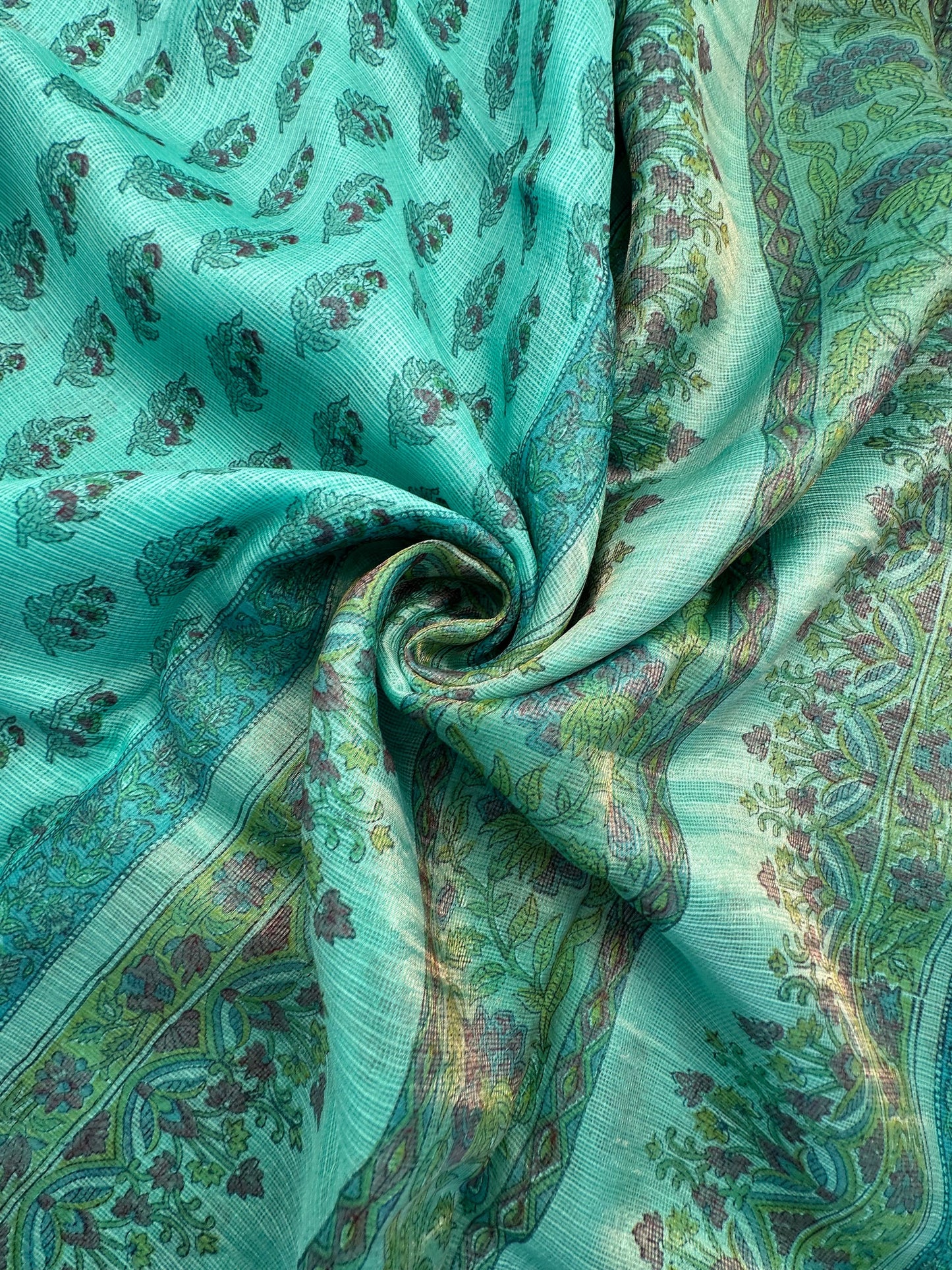 Sea Green Hand Block-Print Pure Kota Doria Silk Saree