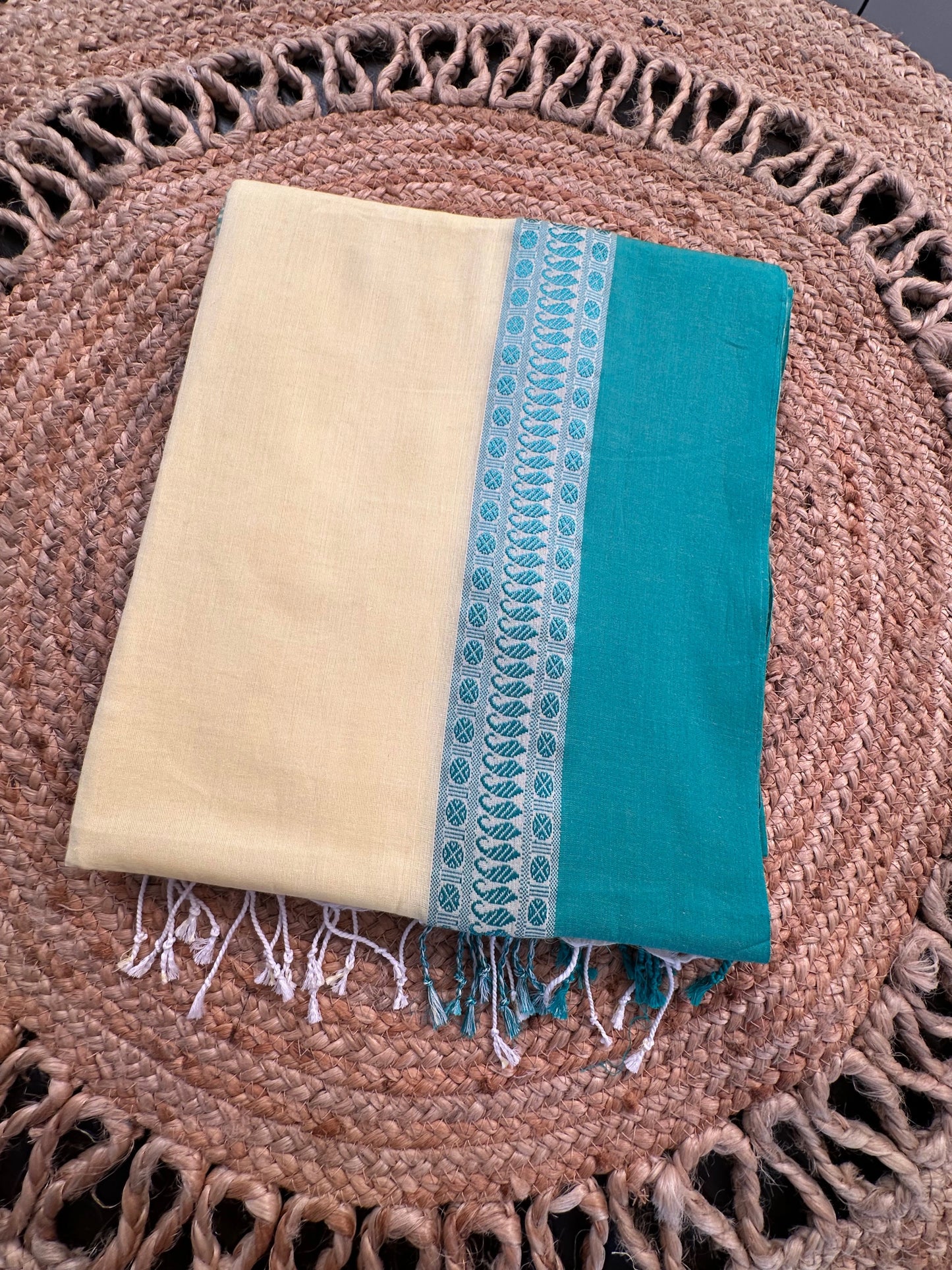 Lemon-Sea Green Tripura Cotton Saree