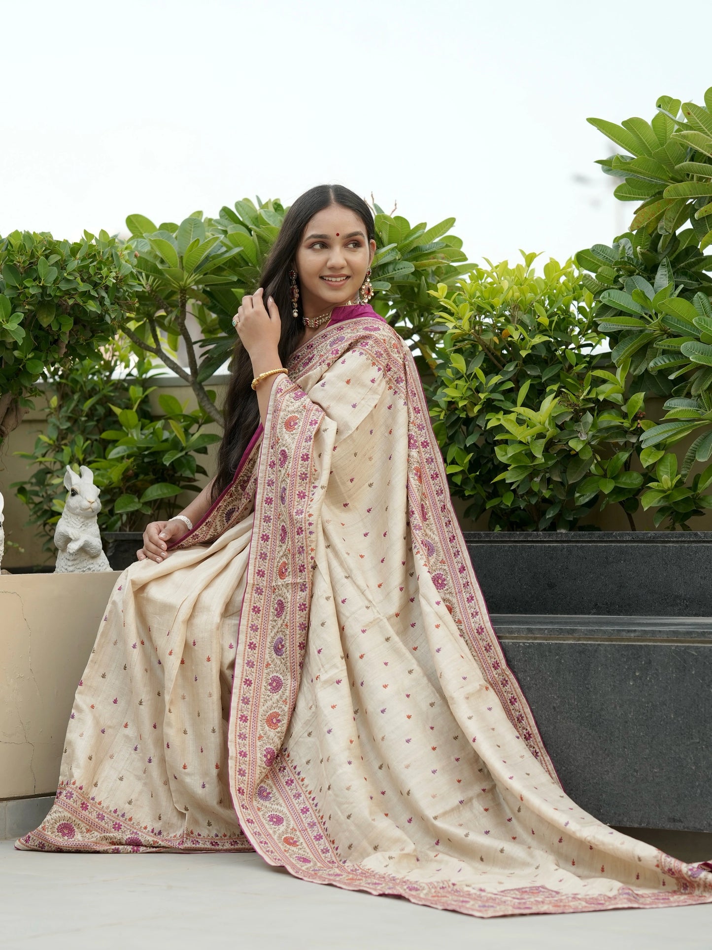 Beige Pure Tussar Silk Saree With Embroidery