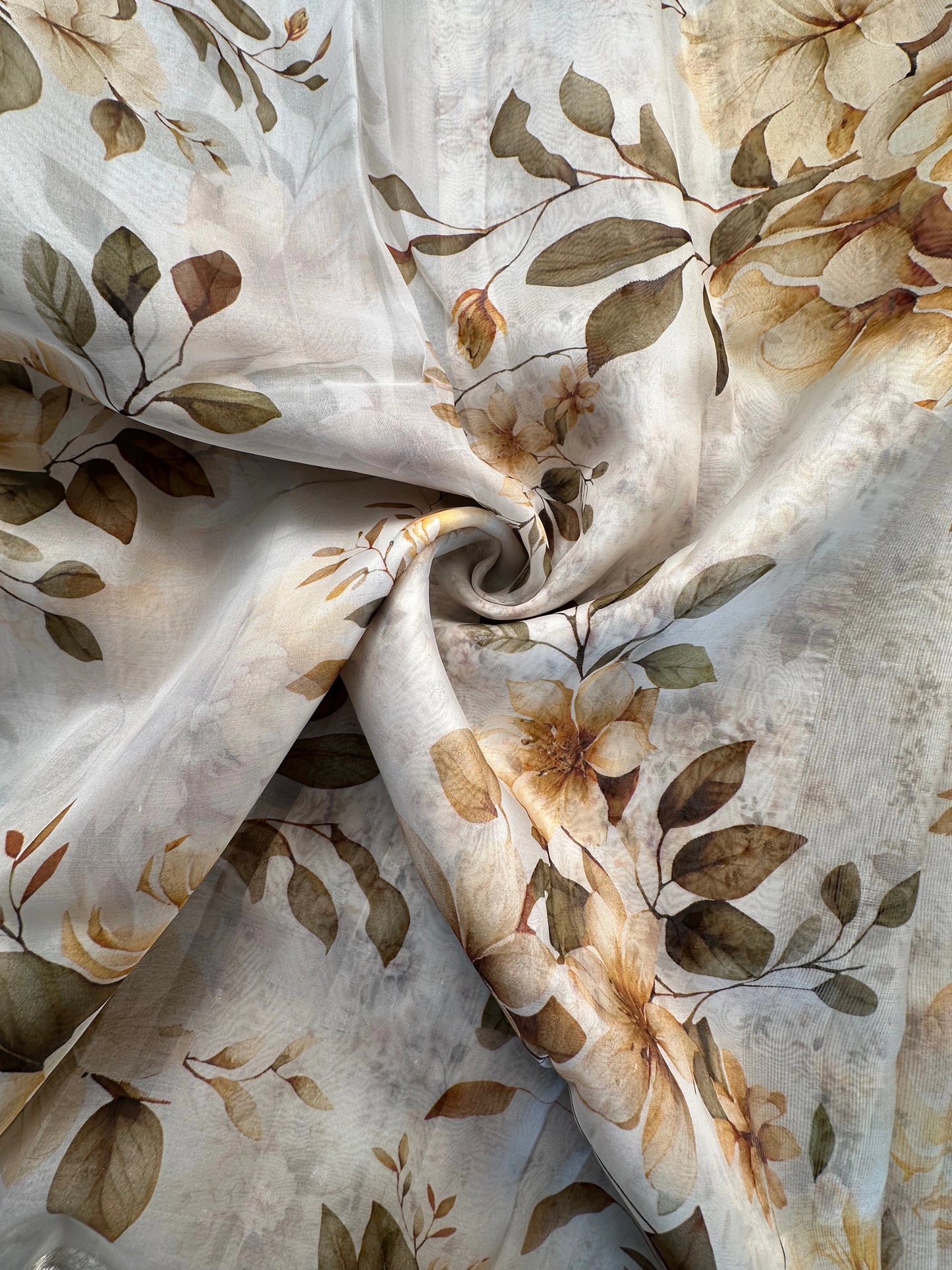 Off white Floral Print Organza Silk Saree