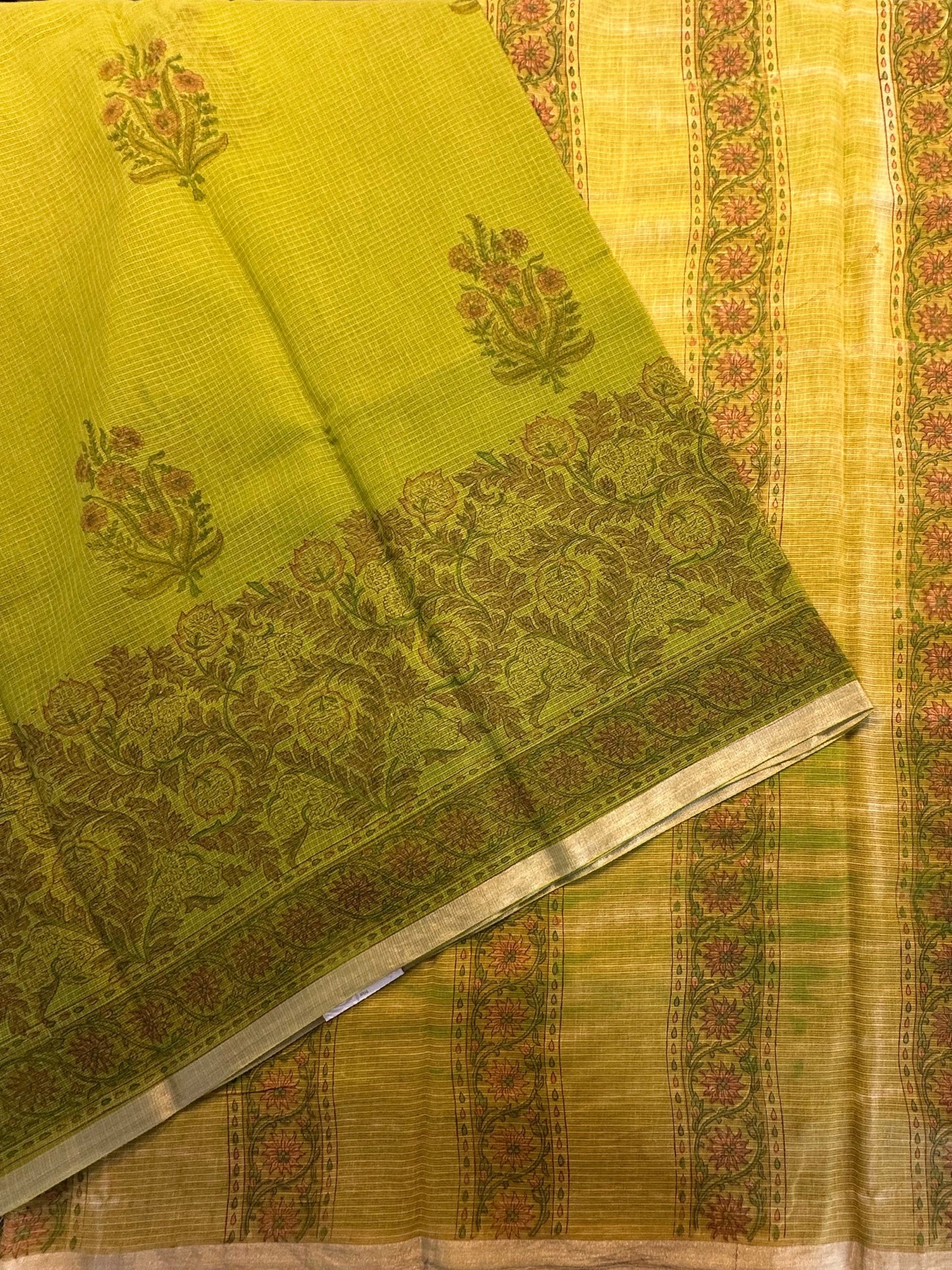 Mehndi Green Block Print Kota Doria Cotton Saree