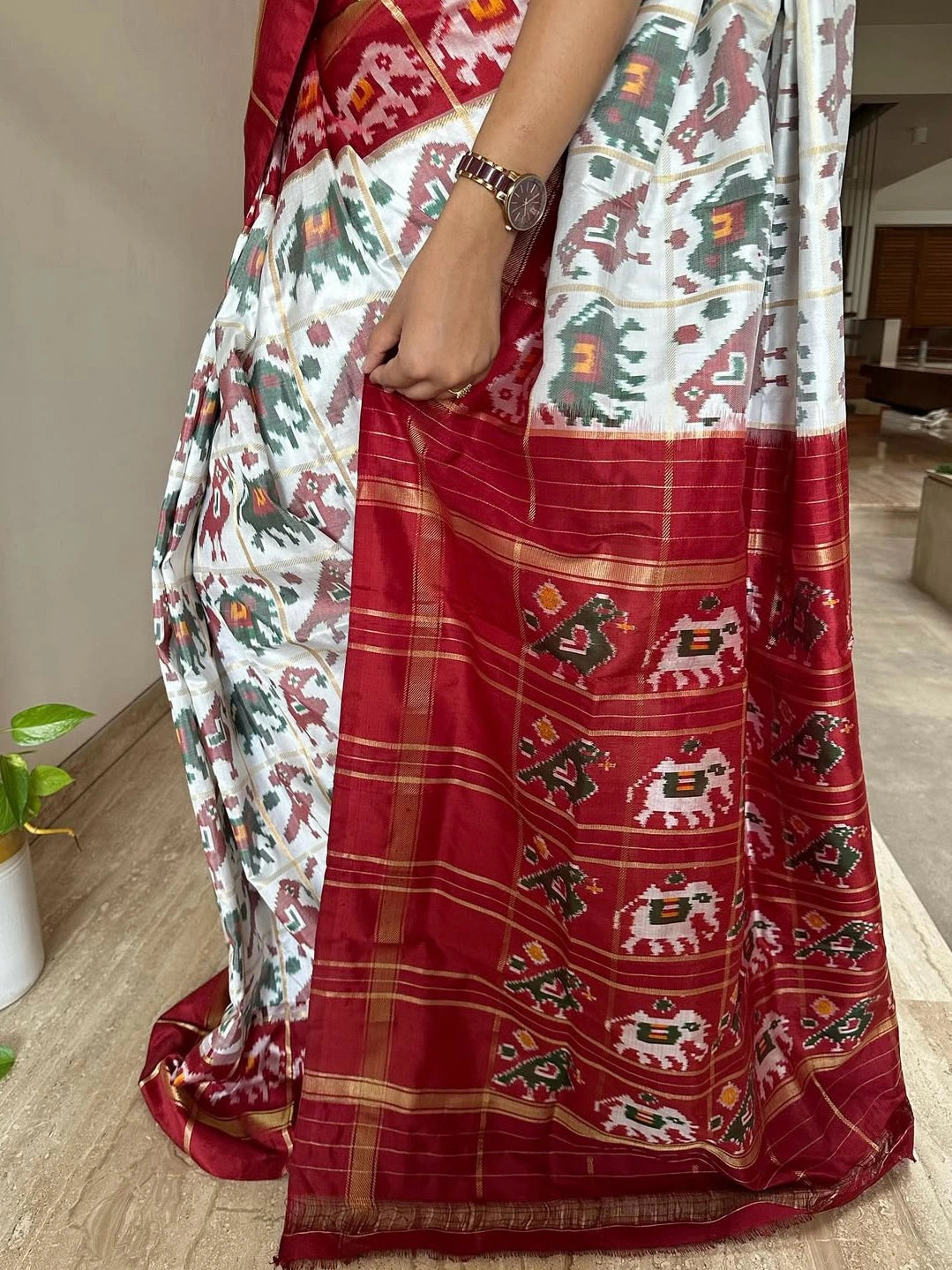Off White-Maroon Patola Pure Silk Saree