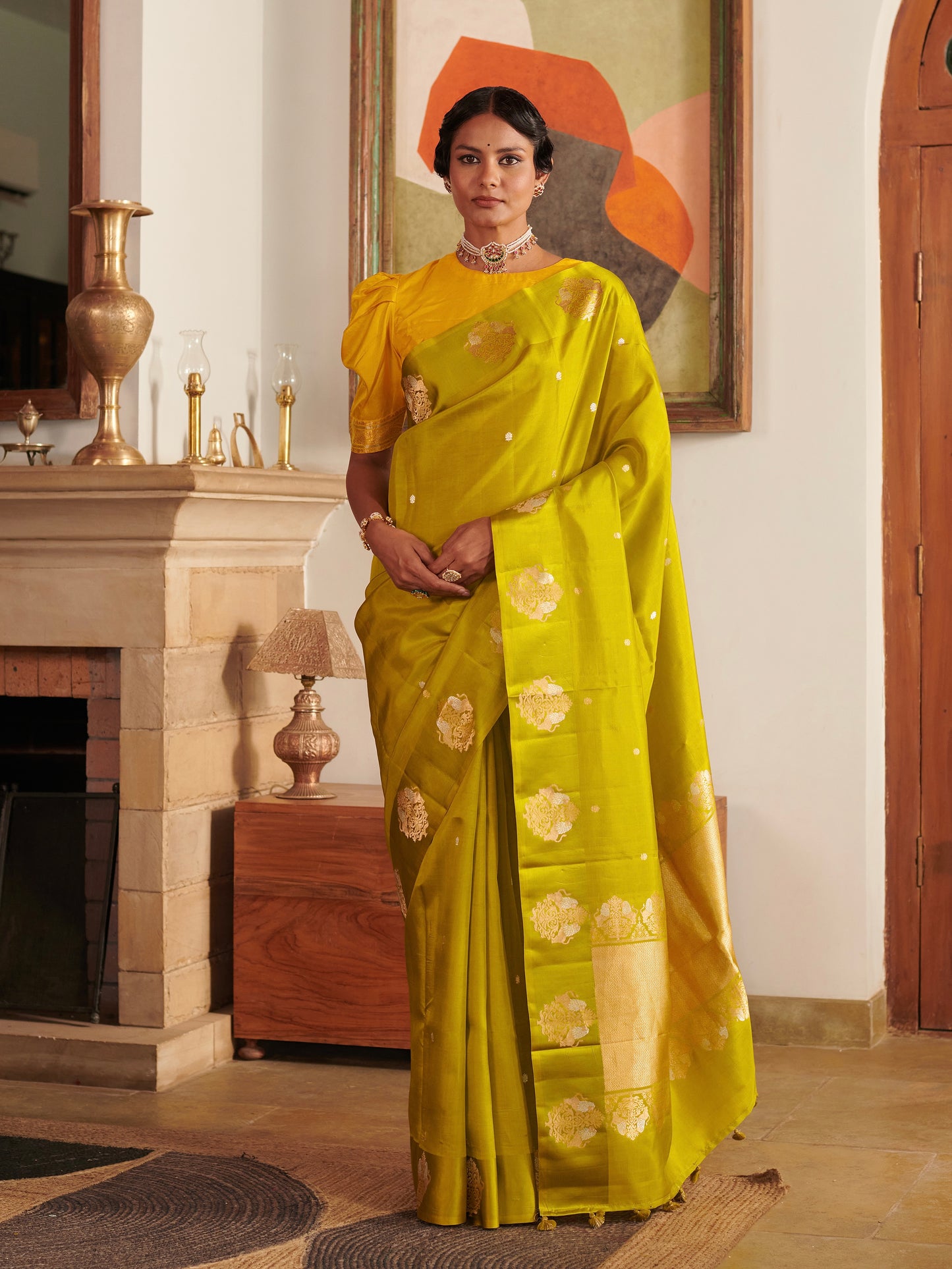 Olive Green Banarasi Satin Saree