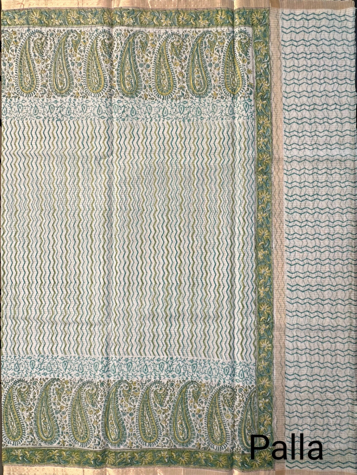 Sea Green Block Printed Kota Doria Cotton Saree
