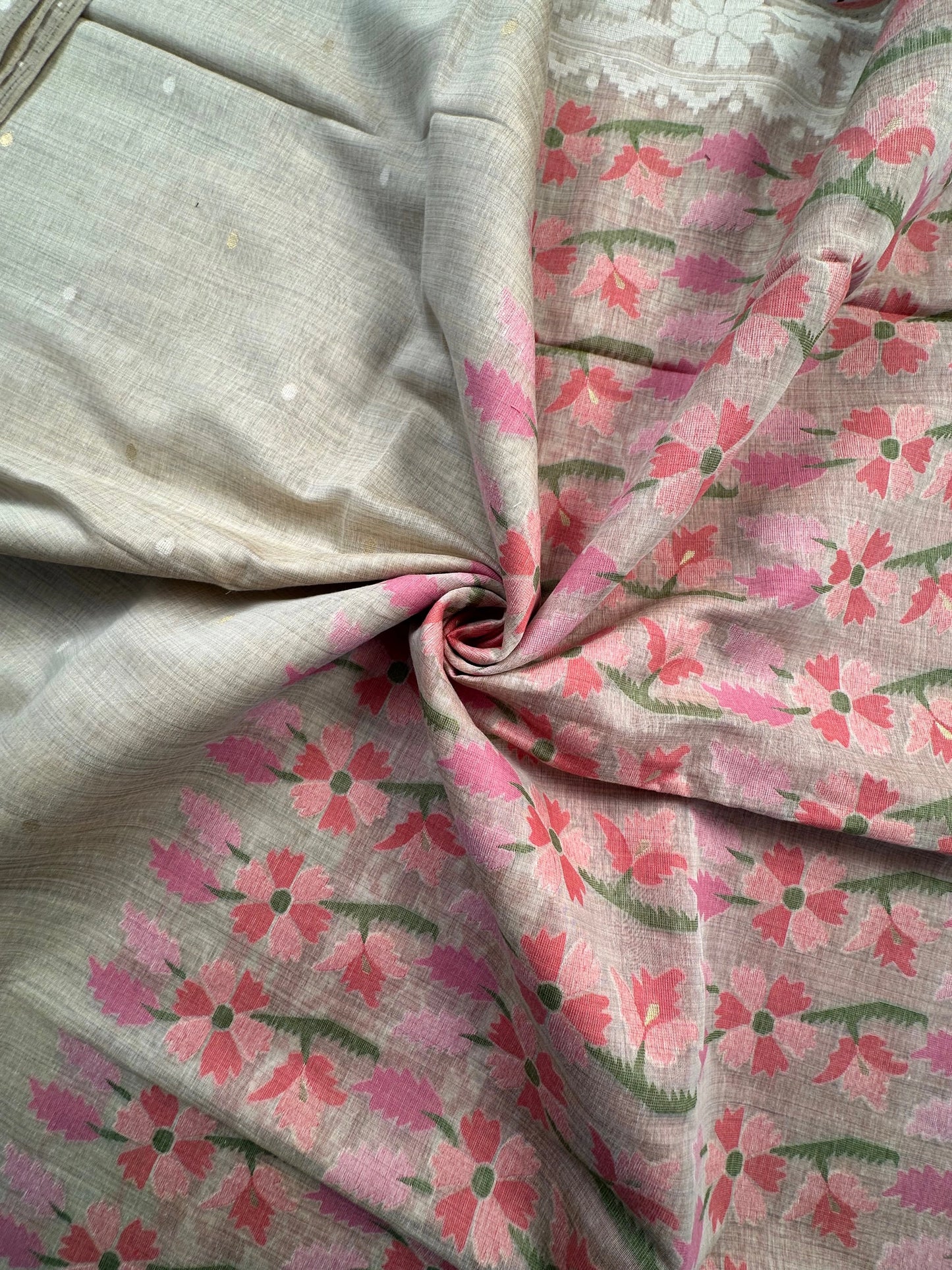Beige-Pink Floral Weave Fancy Cotton Saree