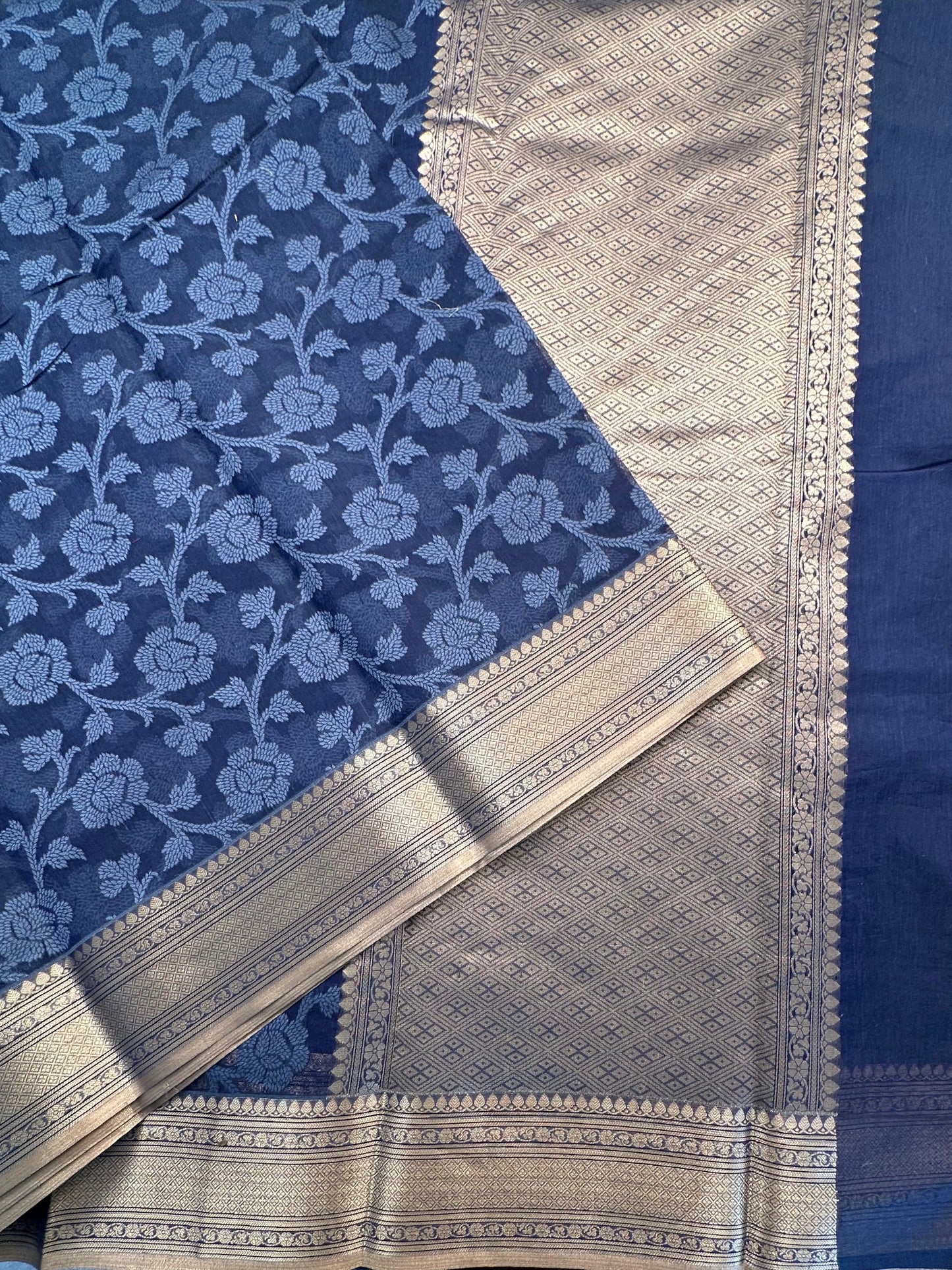 Indigo Floral Emboss Chanderi Saree