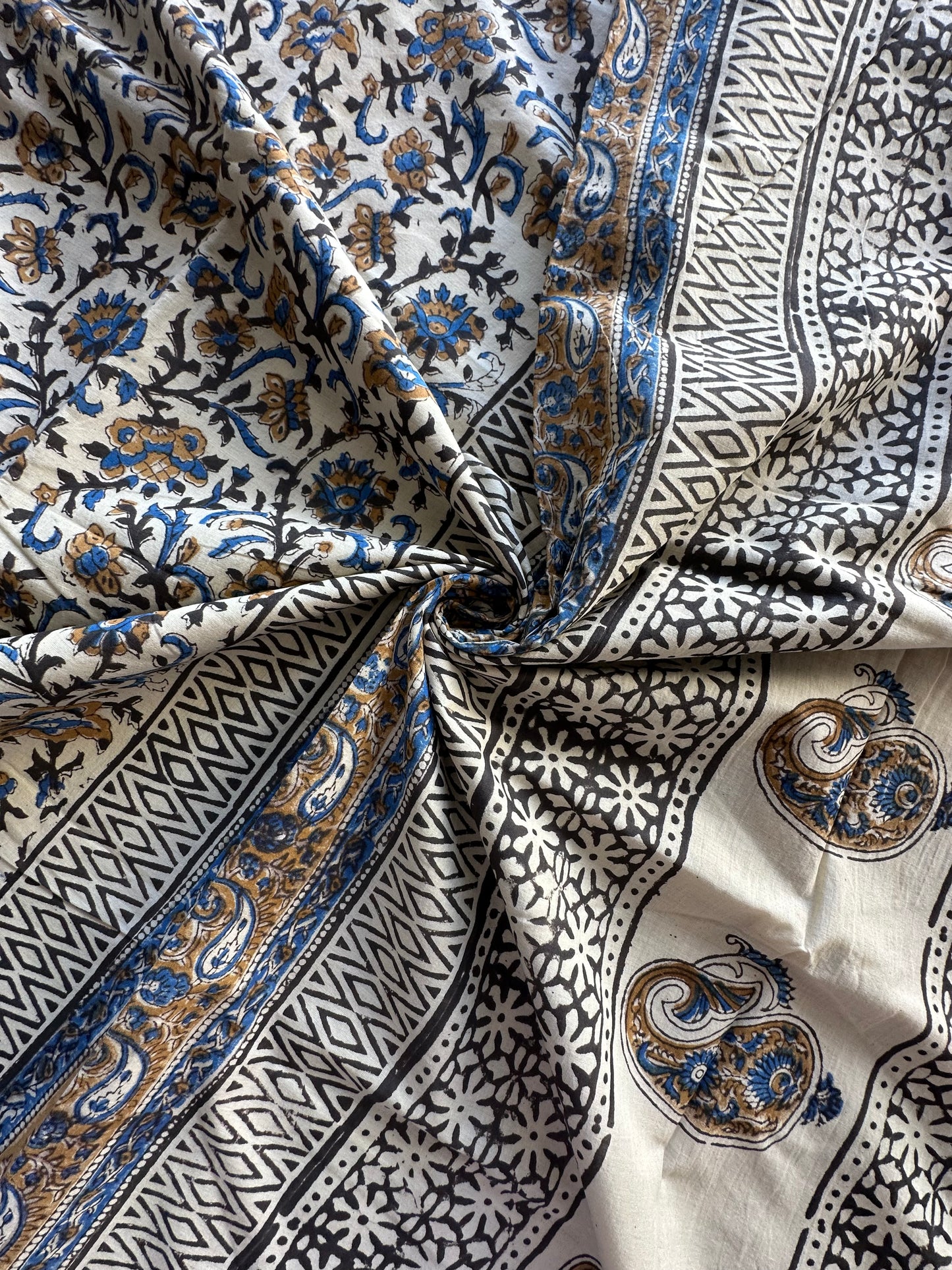 Beige- Blue Pure Cotton Saree