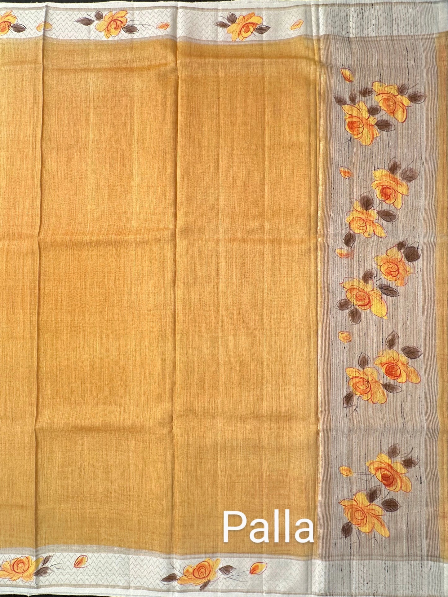 Mustard Hand Print Muga Silk Saree