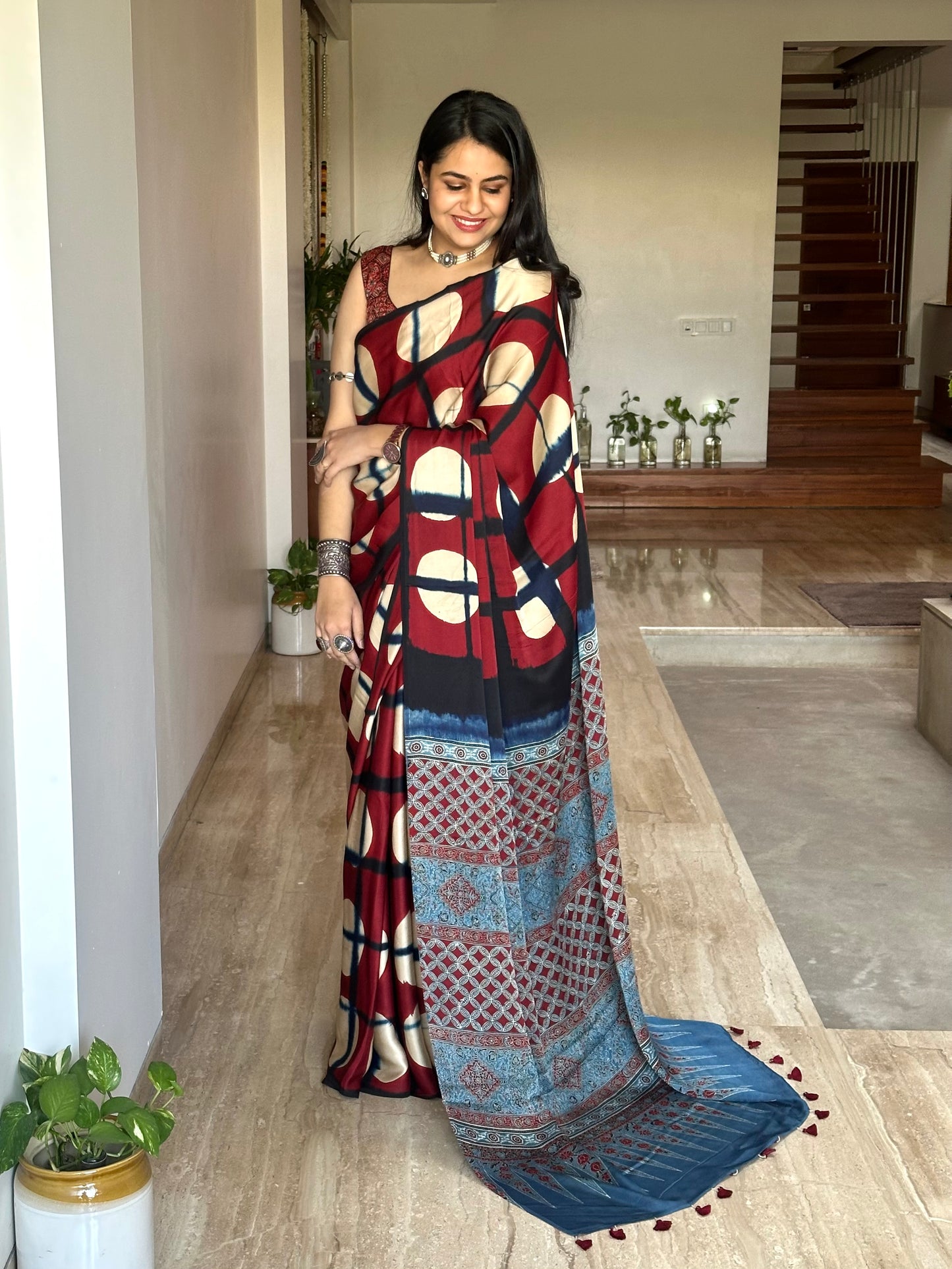 Black Indigo-Blue Ajrakh Blended Modal Saree