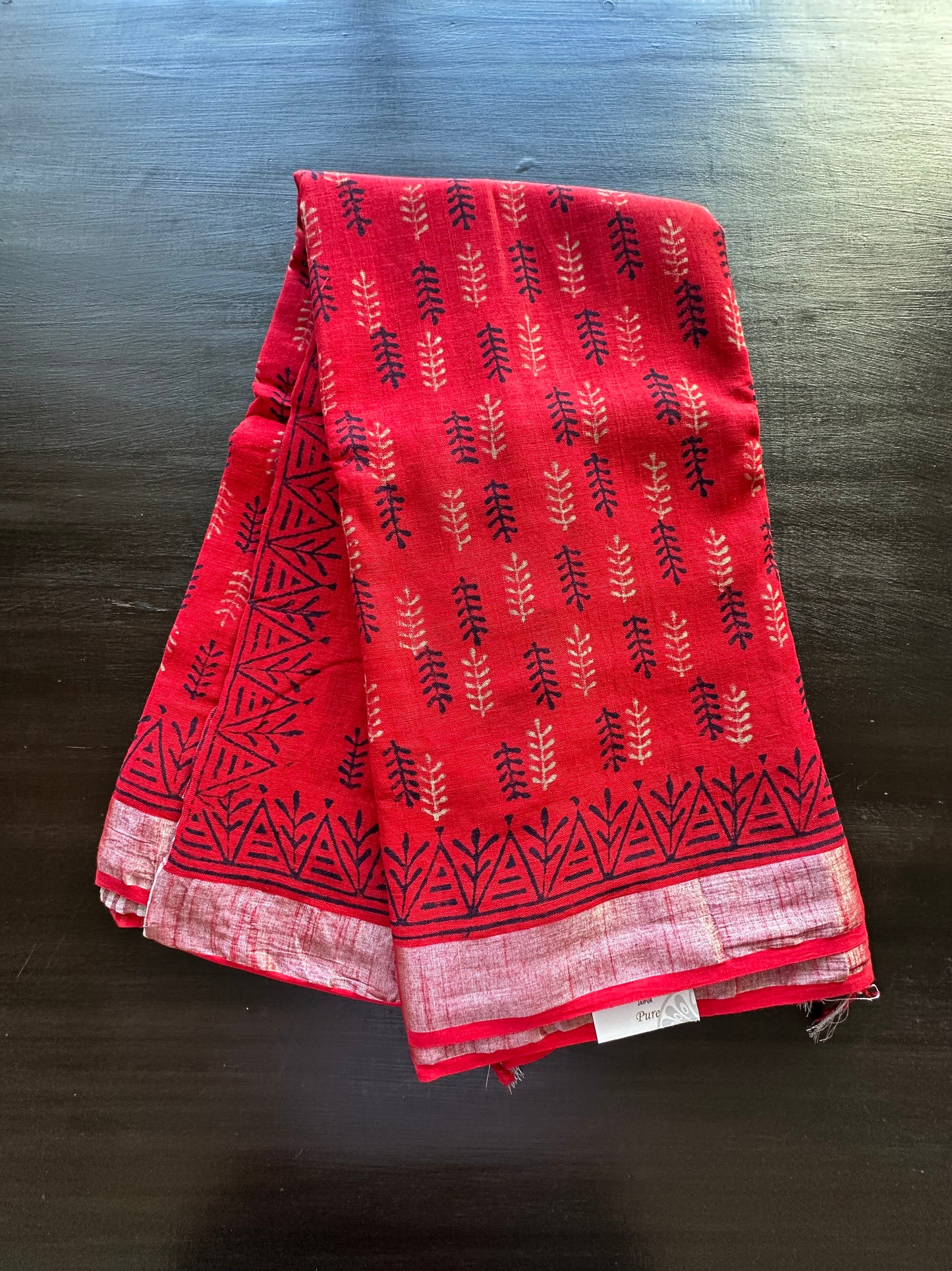 Red Hand Block Printed Linen Saree