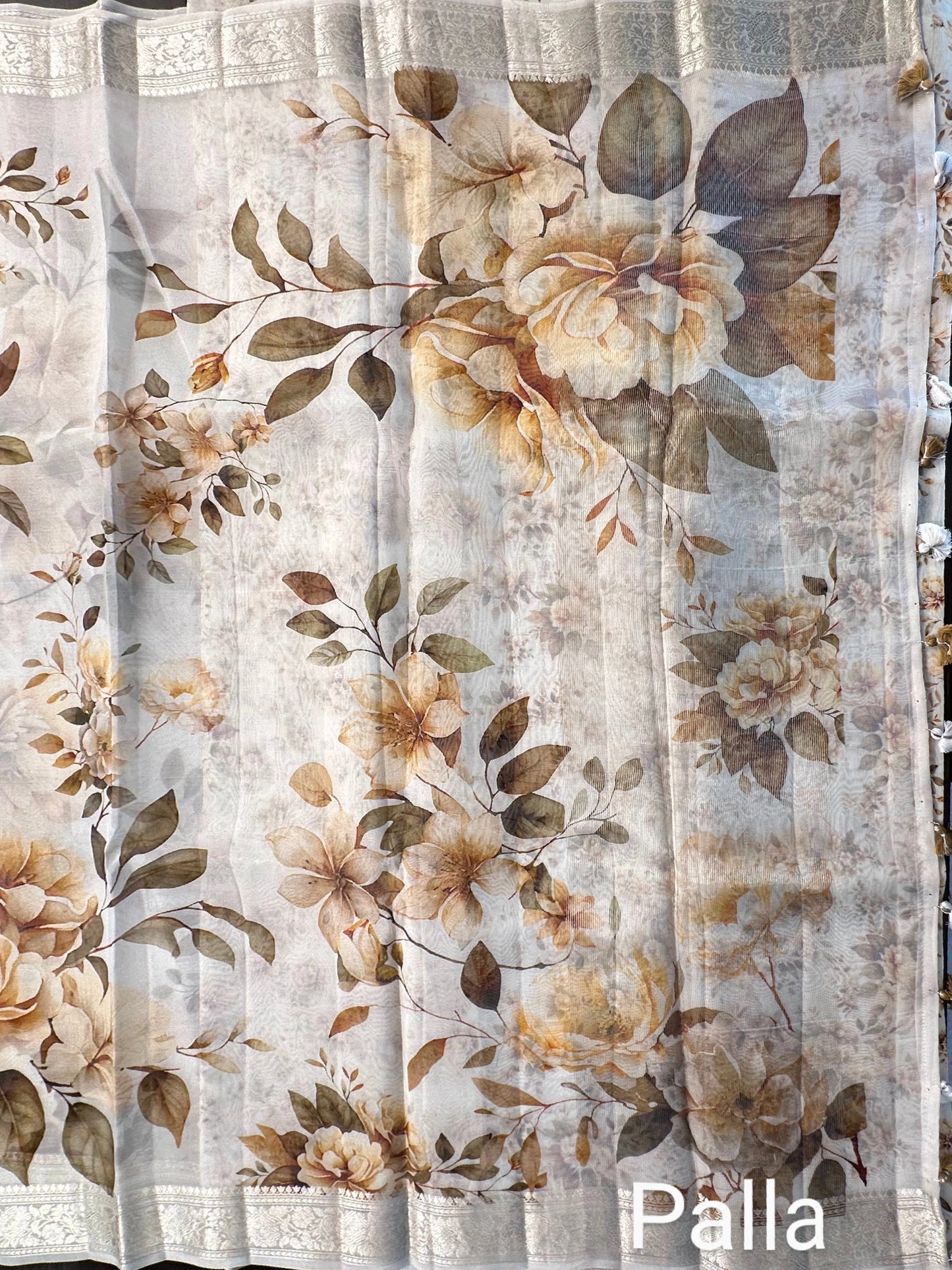 Off white Floral Print Organza Silk Saree