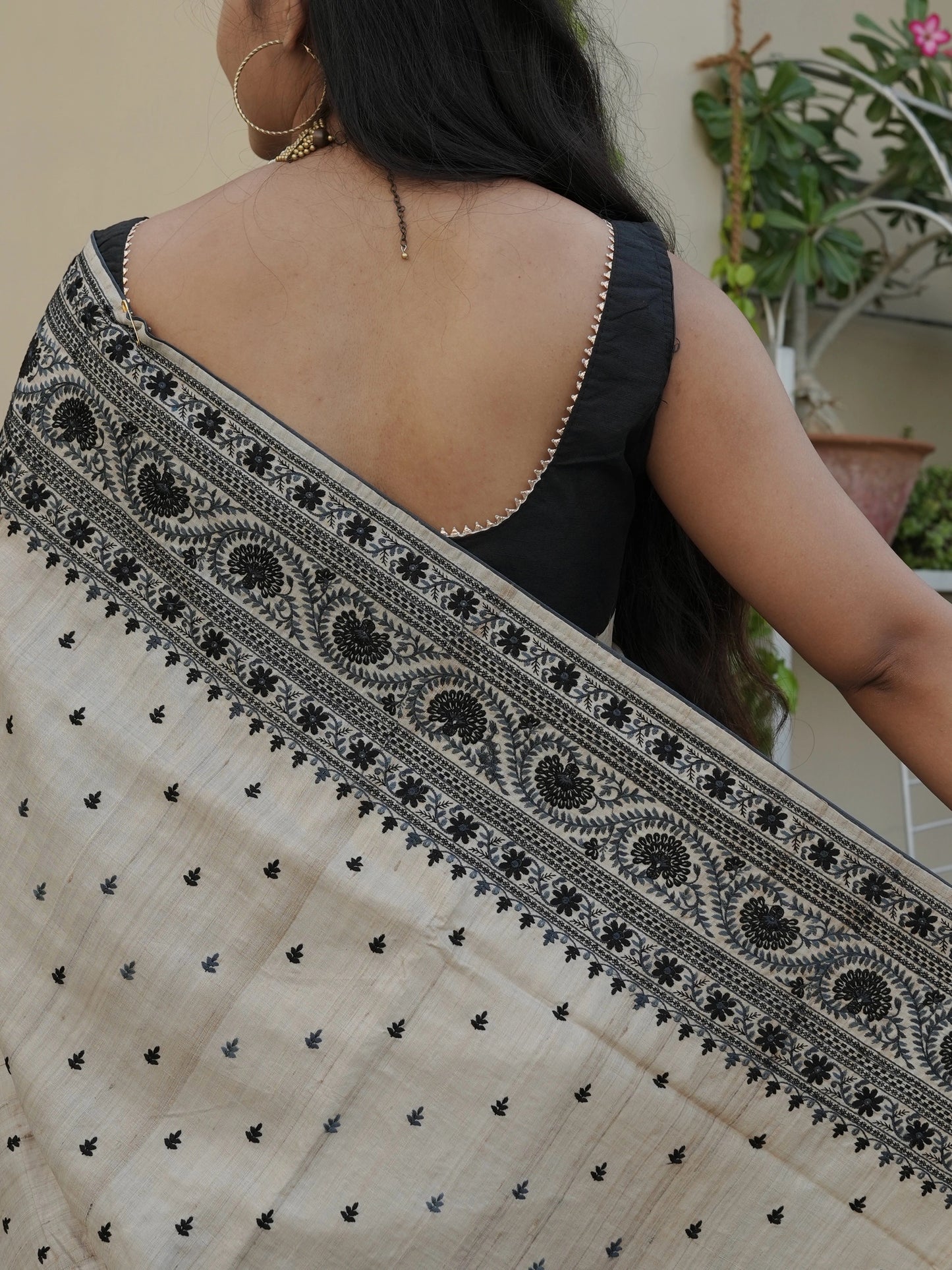 Beige Pure Tussar Silk Saree With Embroidery