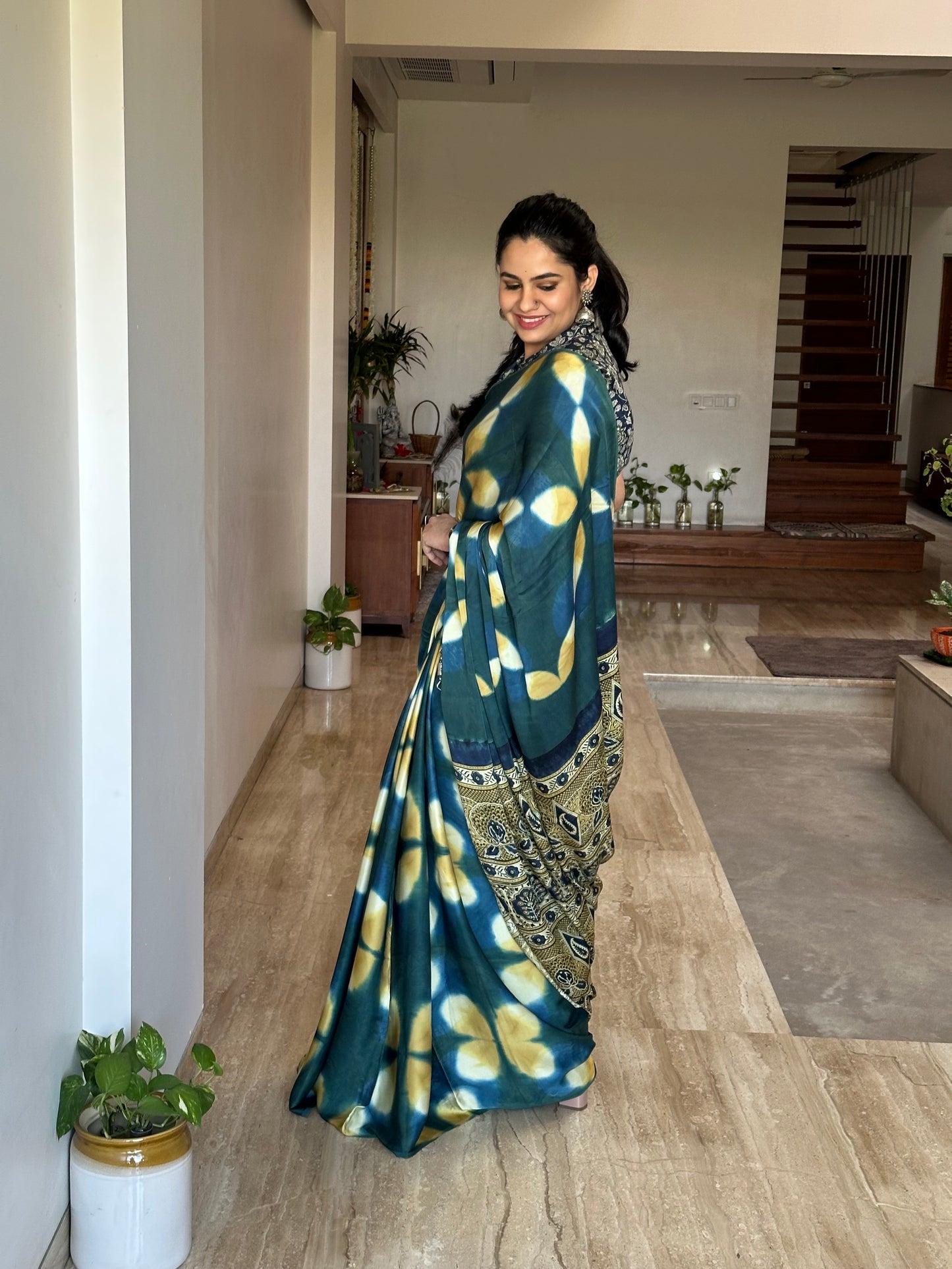 Peacock Blue-Yellow Ajrakh Blended Modal Saree
