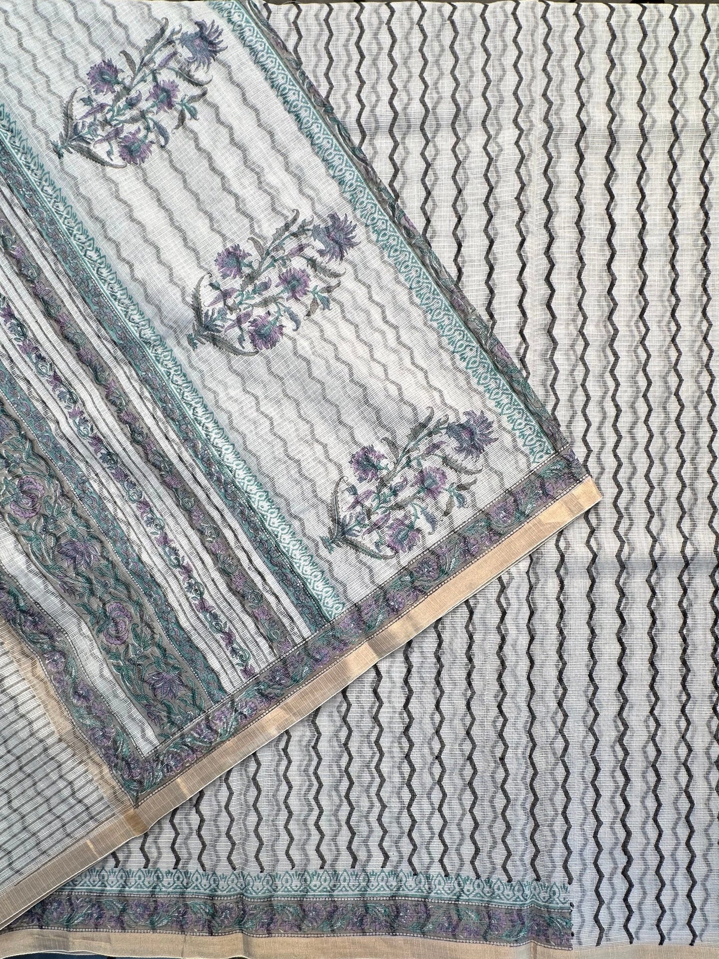 Off White- Black Block Printed Kota Doria Cotton Saree