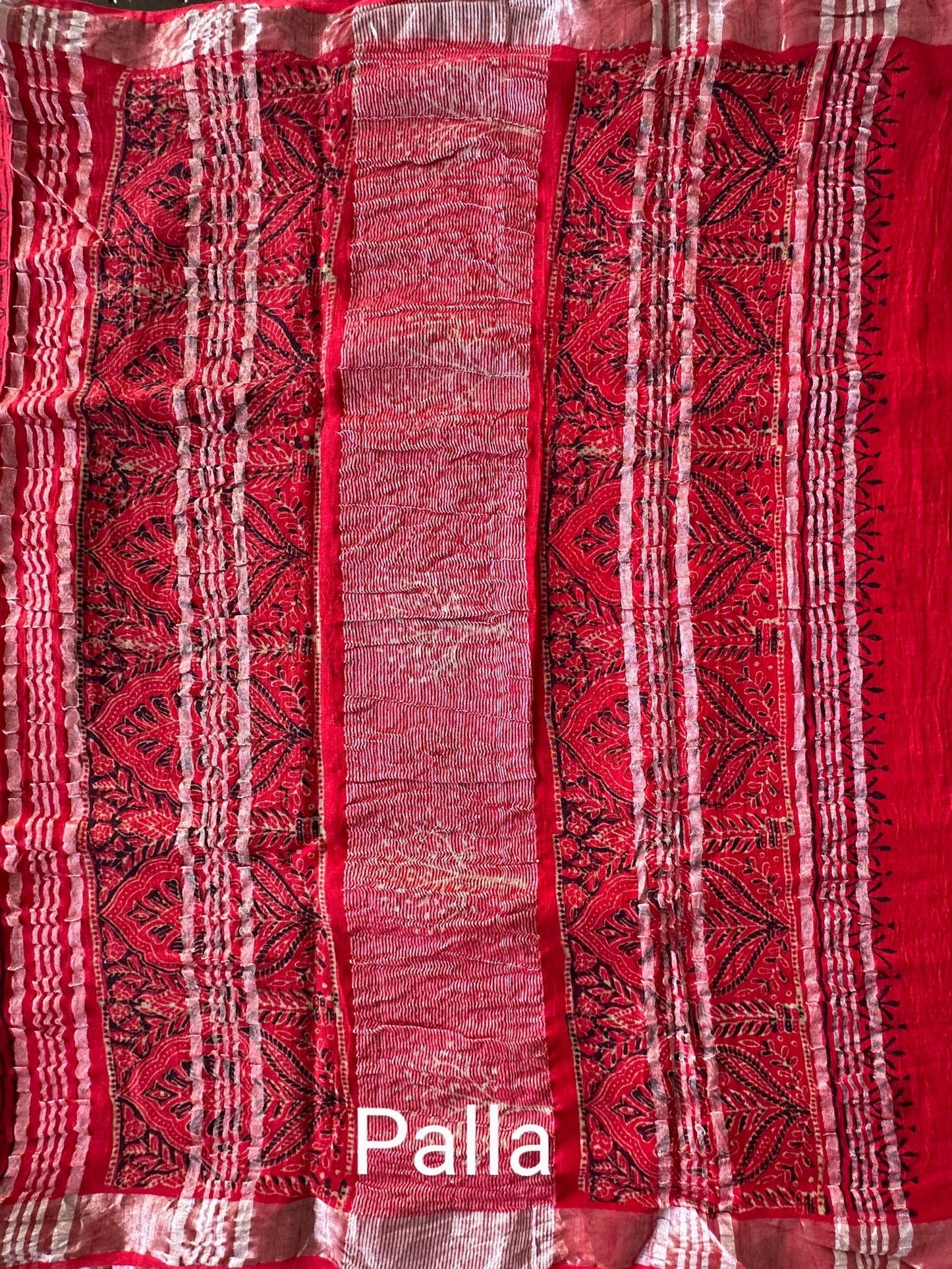 Red Hand Block Printed Linen Saree